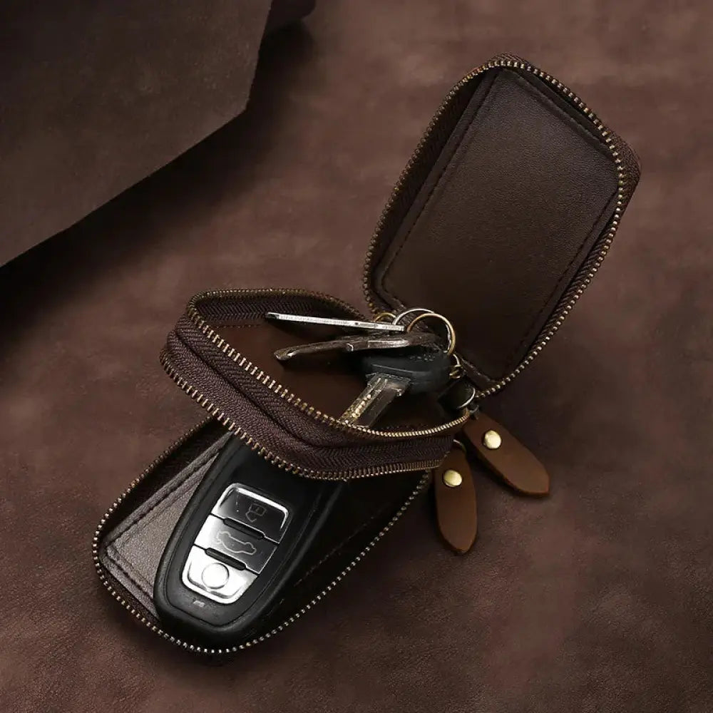 Premium Crazy Horse Leather Zip Key Case with Brass Clasp