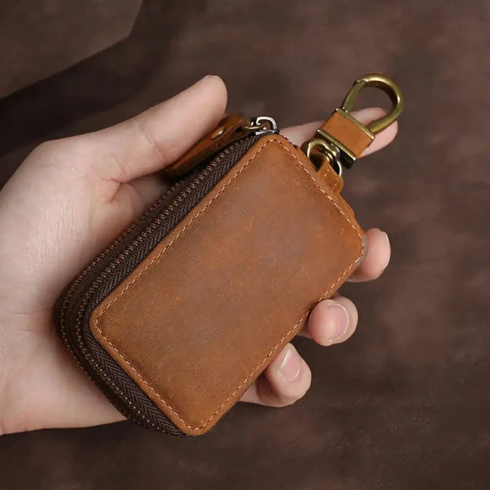 Premium Crazy Horse Leather Zip Key Case with Brass Clasp