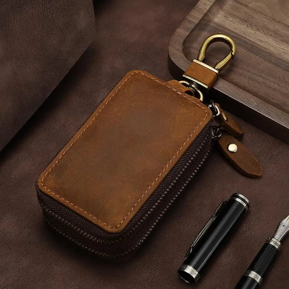 Premium Crazy Horse Leather Zip Key Case with Brass Clasp