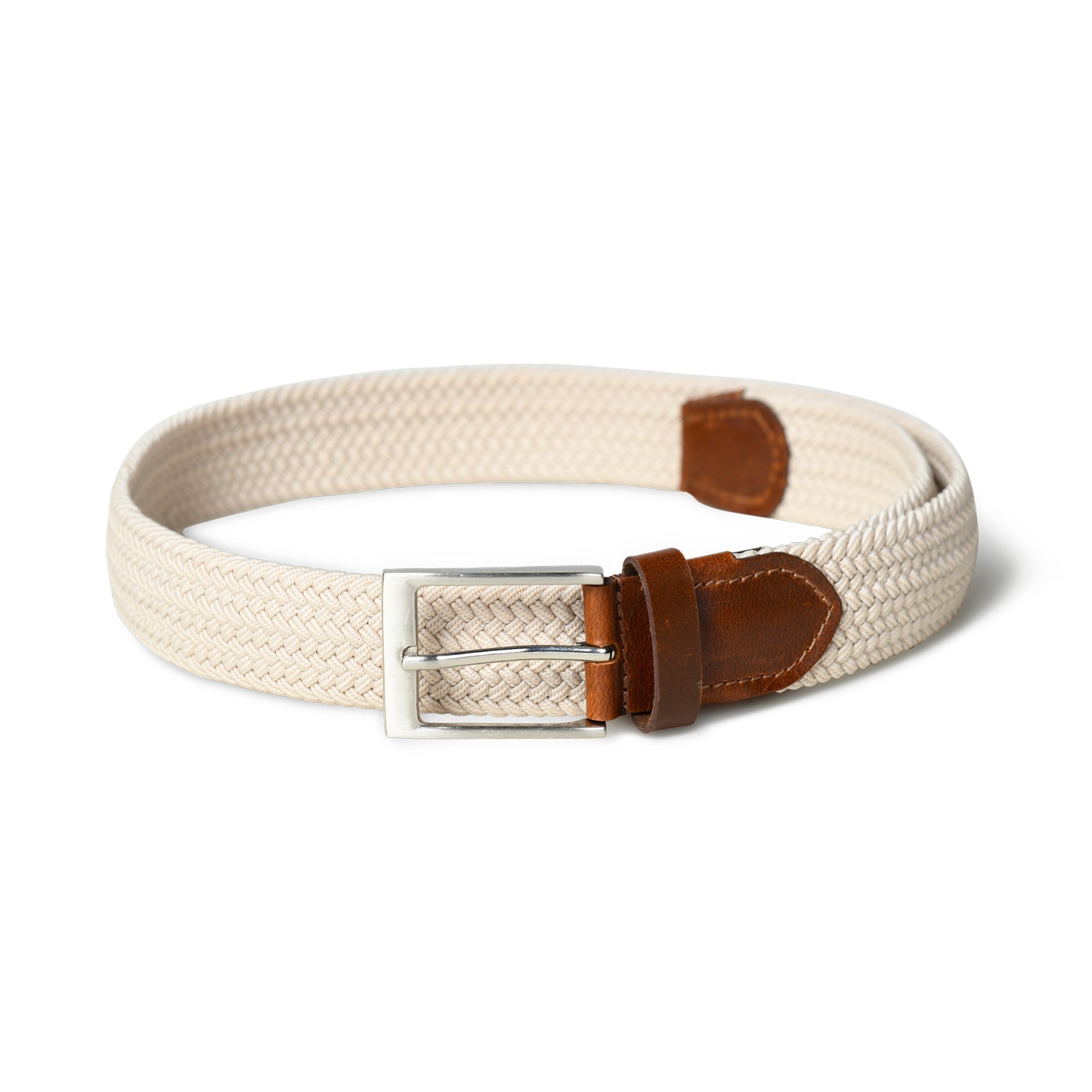 Cream & Brown Braided Canvas Leather Belt - Overture Gifts