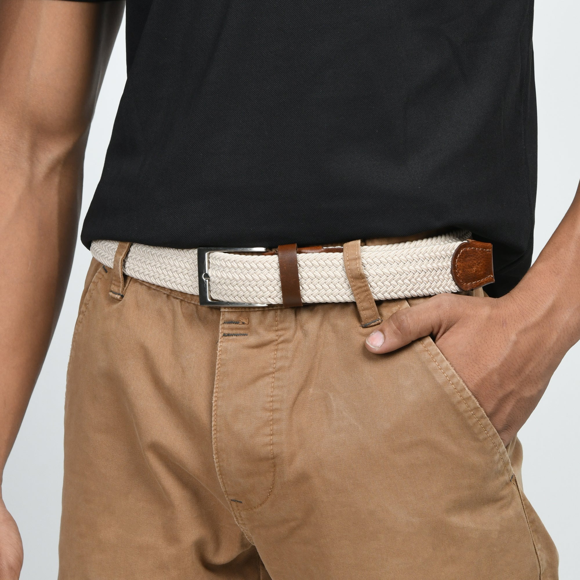Cream & Brown Braided Canvas Leather Belt - Overture Gifts