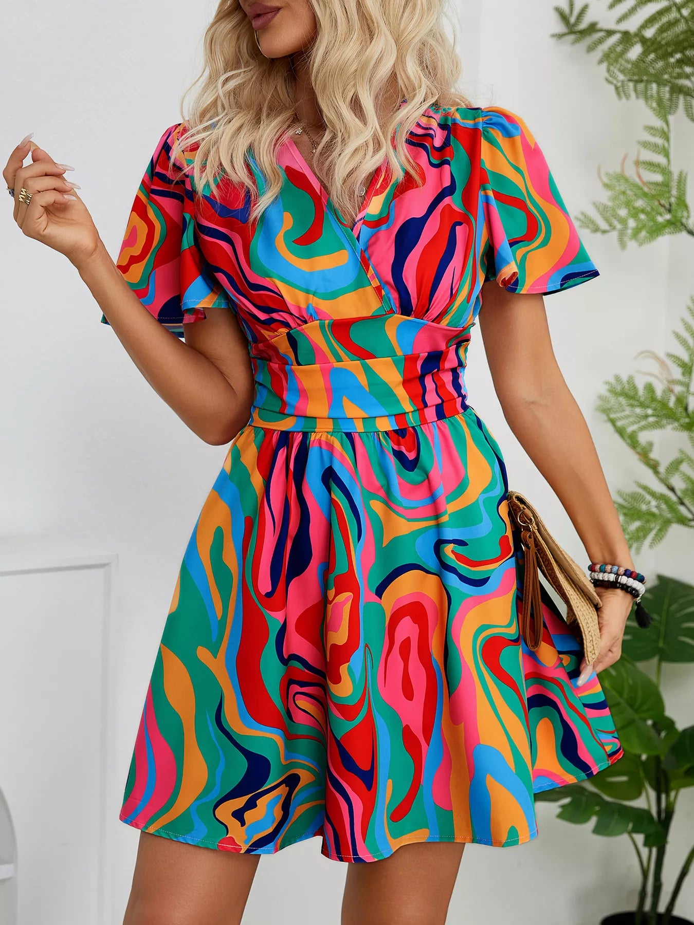 Colorful Print Short Sleeve Mini Dress