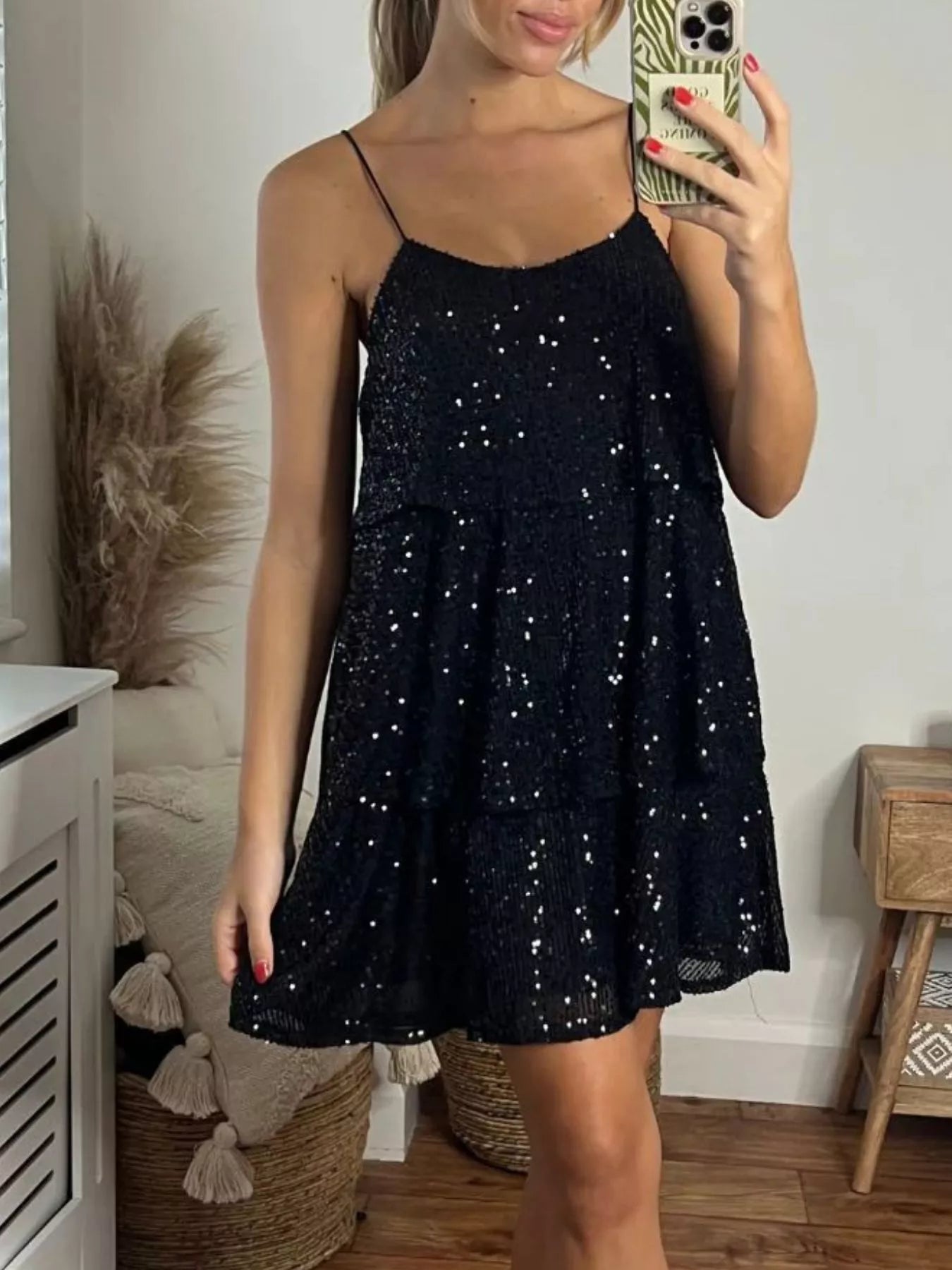 Full Size Sequin Tie Shoulder Mini Dress Plus Size