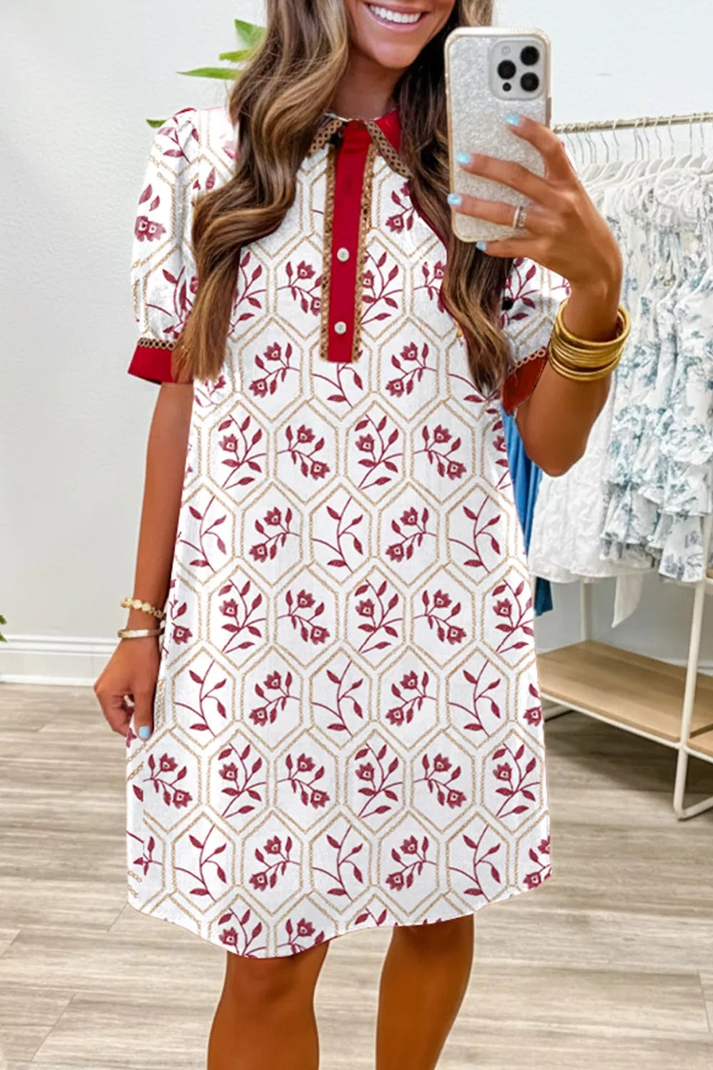 Contrast Trim Printed Short Sleeve Dress