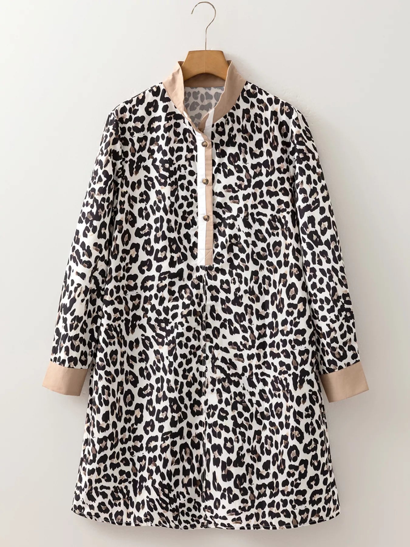 Striped Collar Leopard Print Long Sleeve Flared Dress