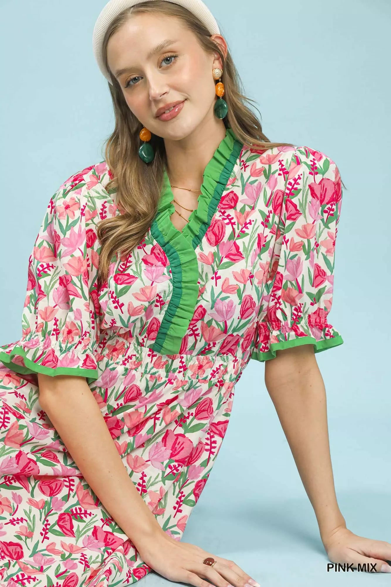 Umgee Floral Ruffle Trim Tiered Midi Dress