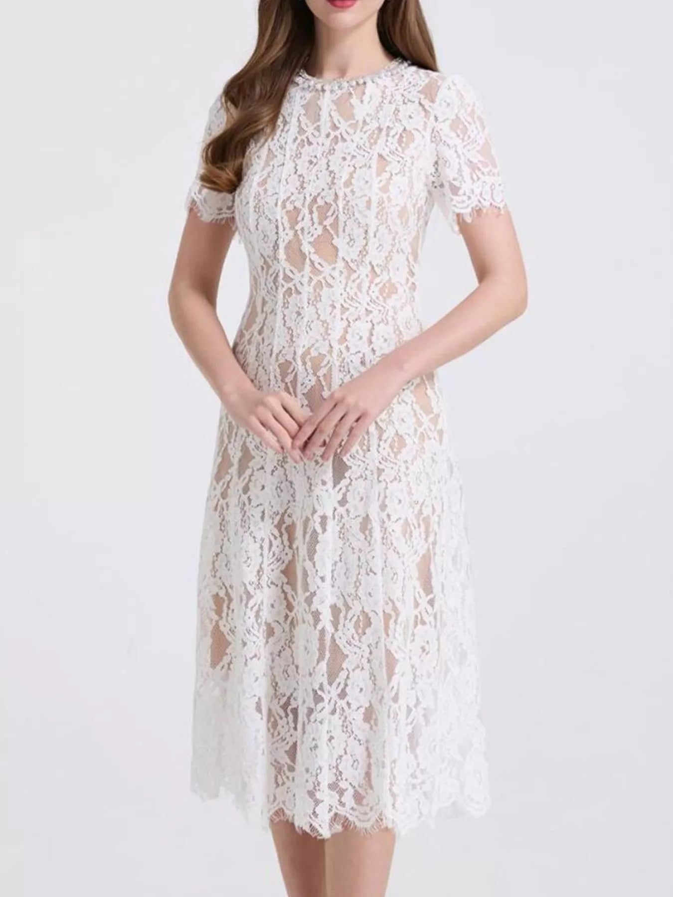 Lace Pearl Neckline Midi Dress