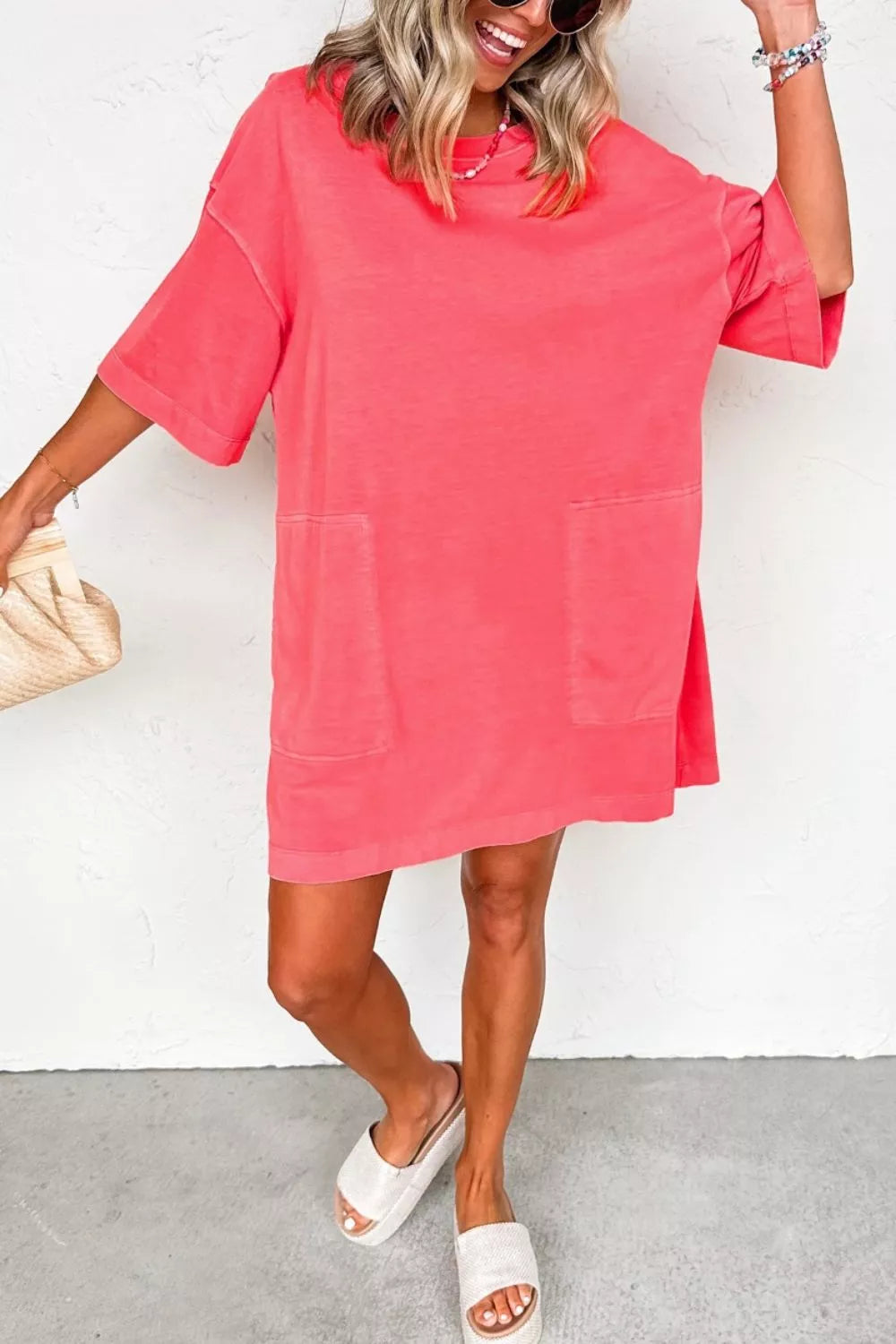 Coral Paradise Drop Shoulder Loose Casual T Shirt Mini Dress