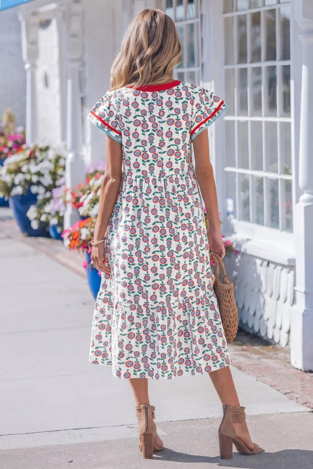 Floral Print Ruffle Sleeve Tiered Midi Dress