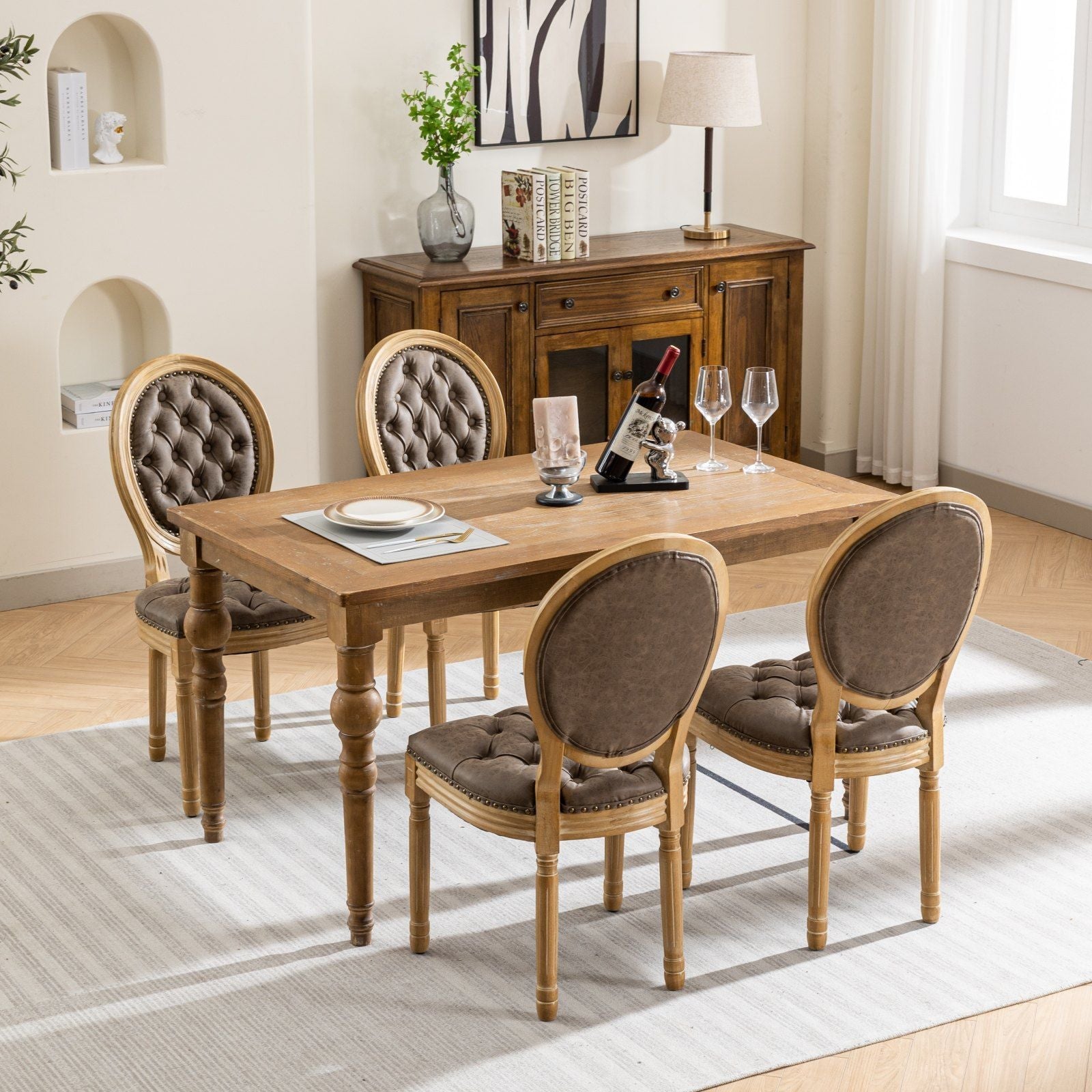 French Style Solid Wood Frame Antique Painting, Hand-Pulled Buckle Decoration Artificial Dining Chair With Nailhead Trim, Wood Legs
