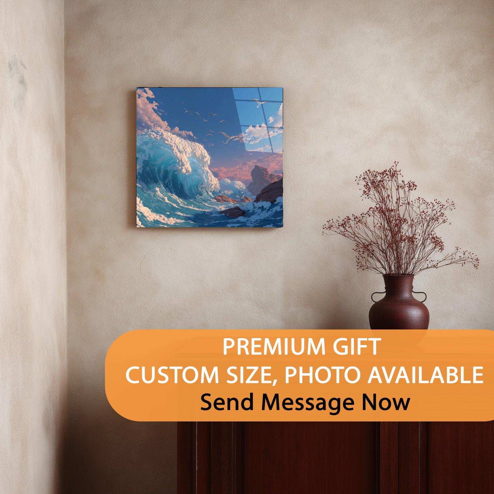 Tempered Glass Ocean Wave Wall Art | Coastal Seagulls Decor