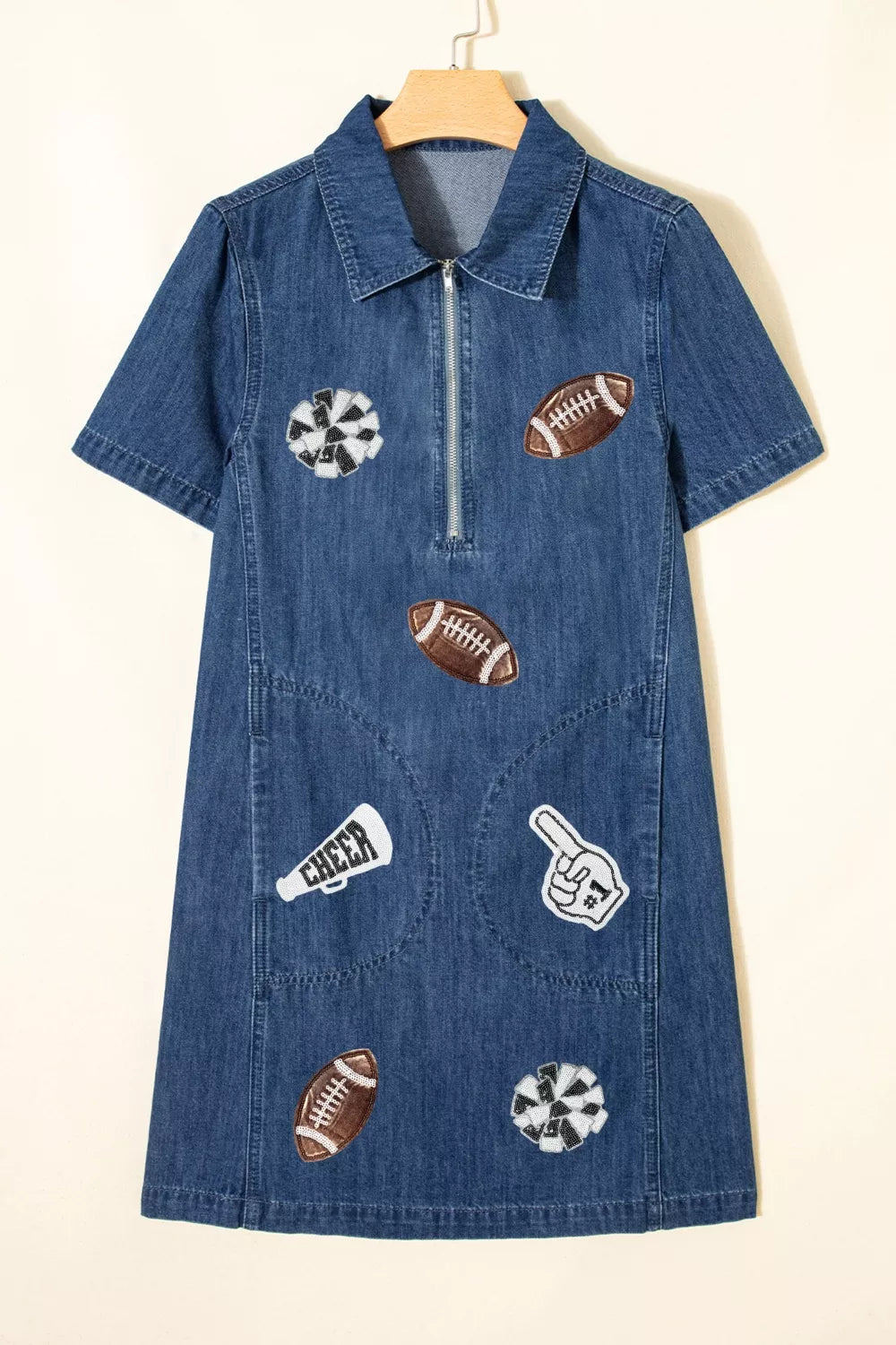 Sequin Football Cheer Patches Game Day Denim Mini Dress