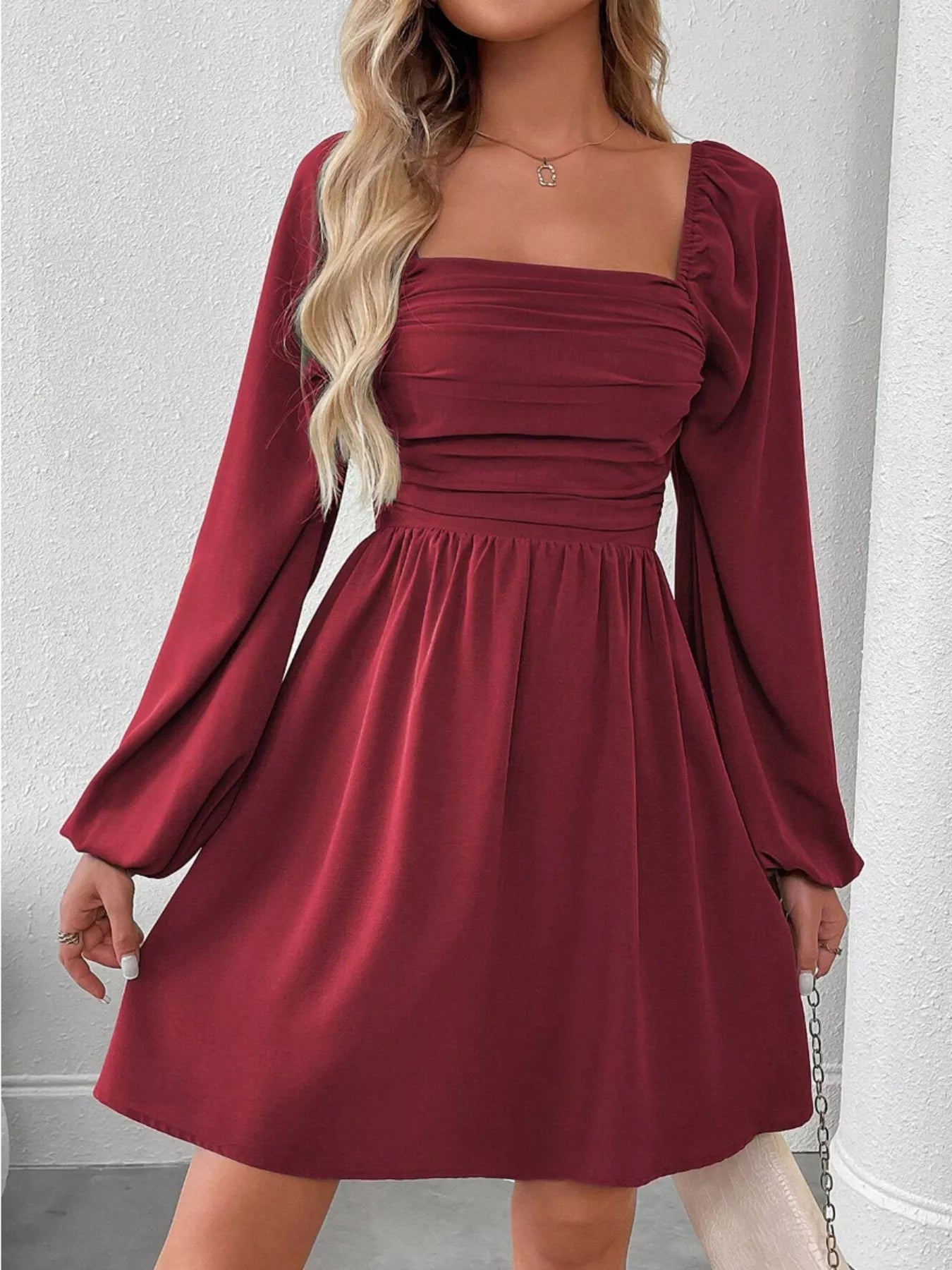 Ruched Square Neck Long Sleeve A-Line Dress