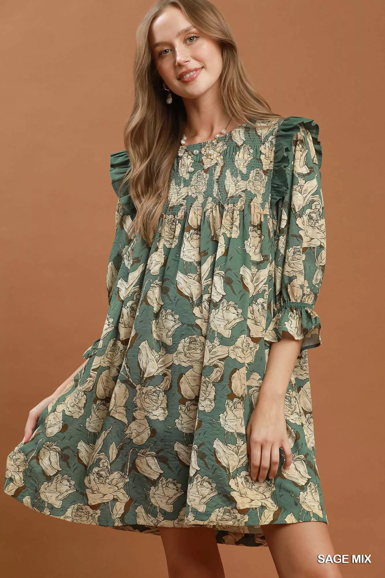 Umgee Mix Floral Print Smocked Ruffle Detail Flowy Dress
