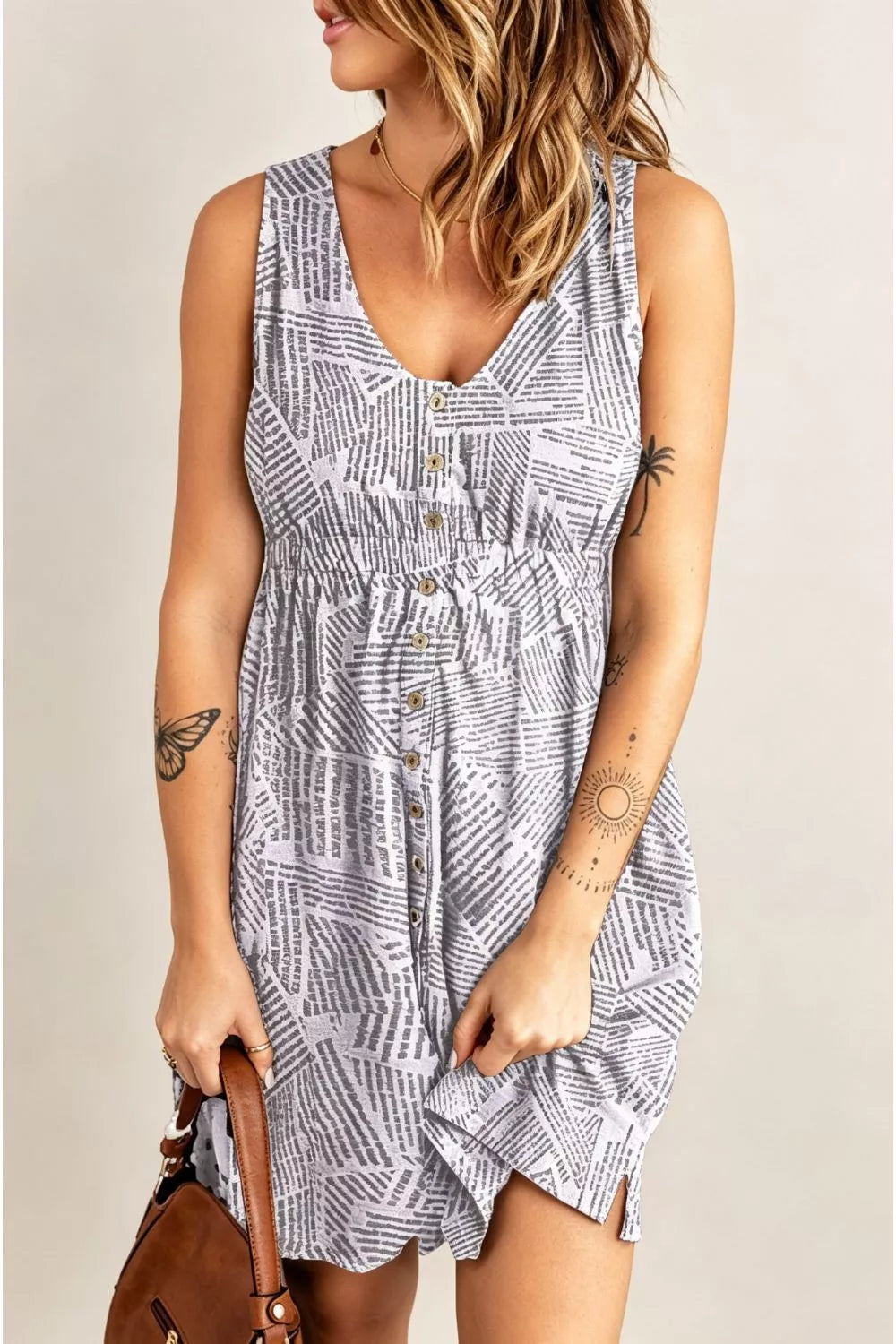 Double Take Printed Sleeveless Front Button Ruched Waist Side Slit Casual Magic Dress with Pockets