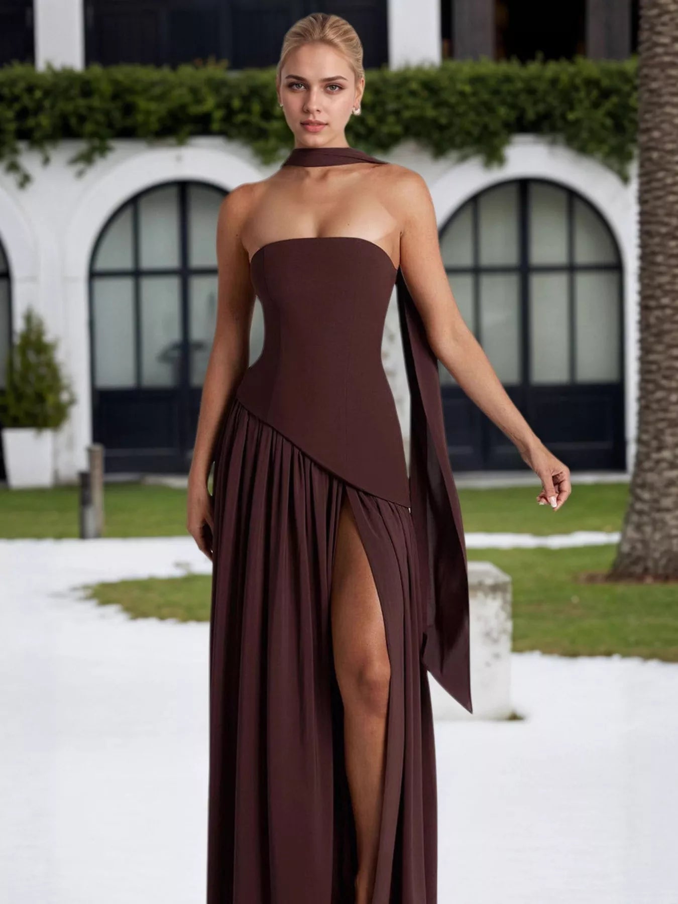 Slit Asymmetrical Two-Tone Tube Maxi Dress