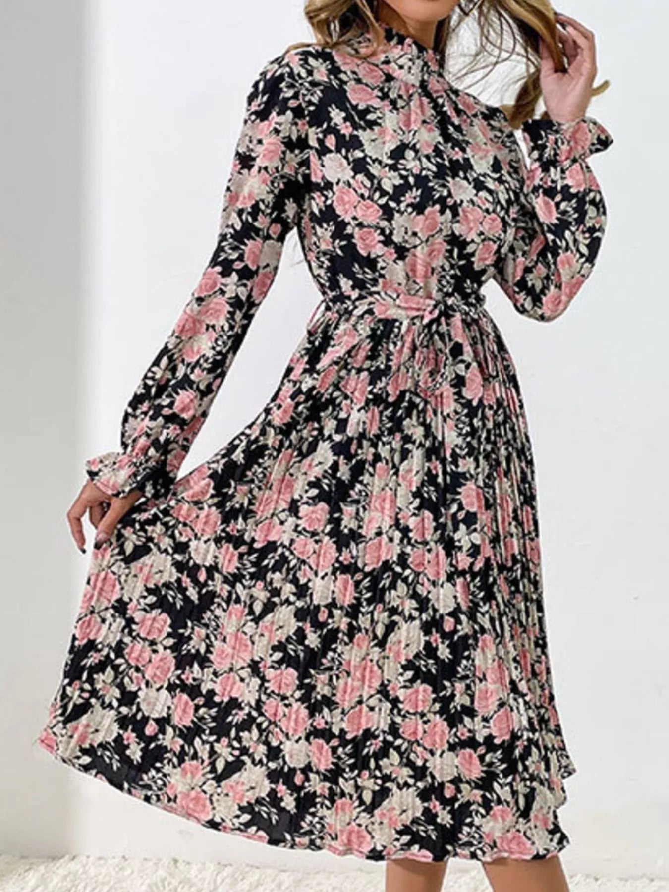 Floral Print Long Sleeve Pleated Midi Dress