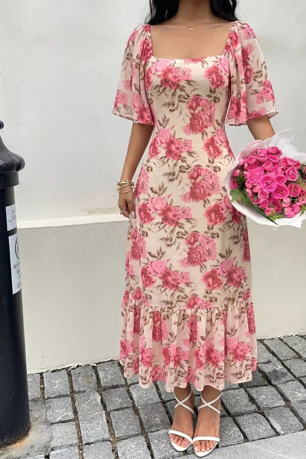 Floral Print Ruffle Hem Flutter Sleeve Dress