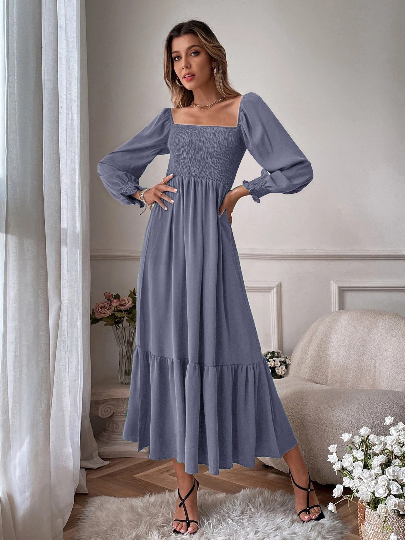 Smocked Long Sleeve Midi Dress
