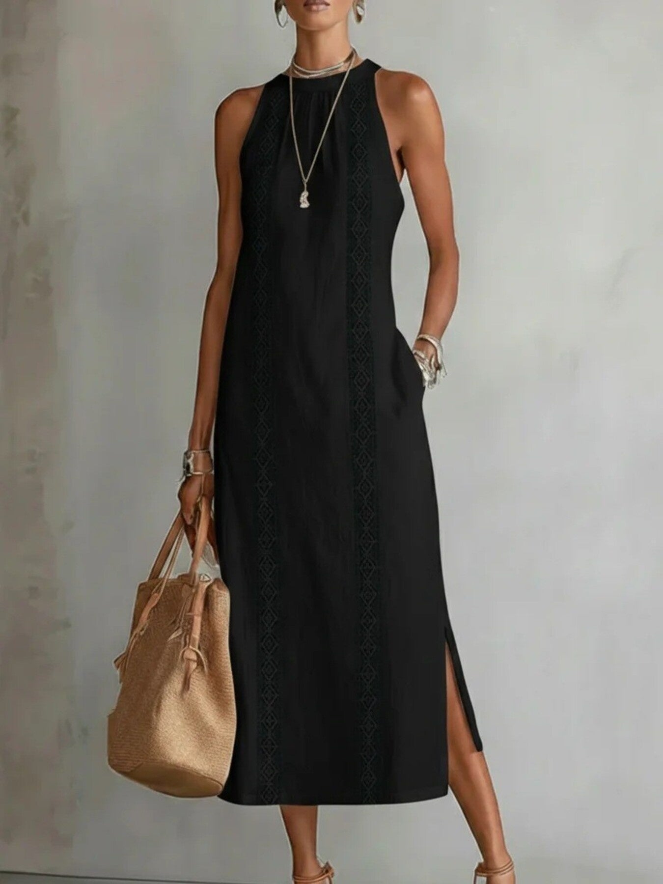 Side Slit Sleeveless Hollow-Out Trimmed Midi Dress