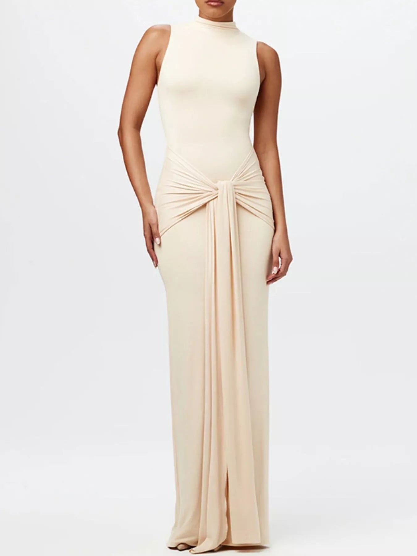 Sleeveless Mock Neck Knot Front Maxi Dress