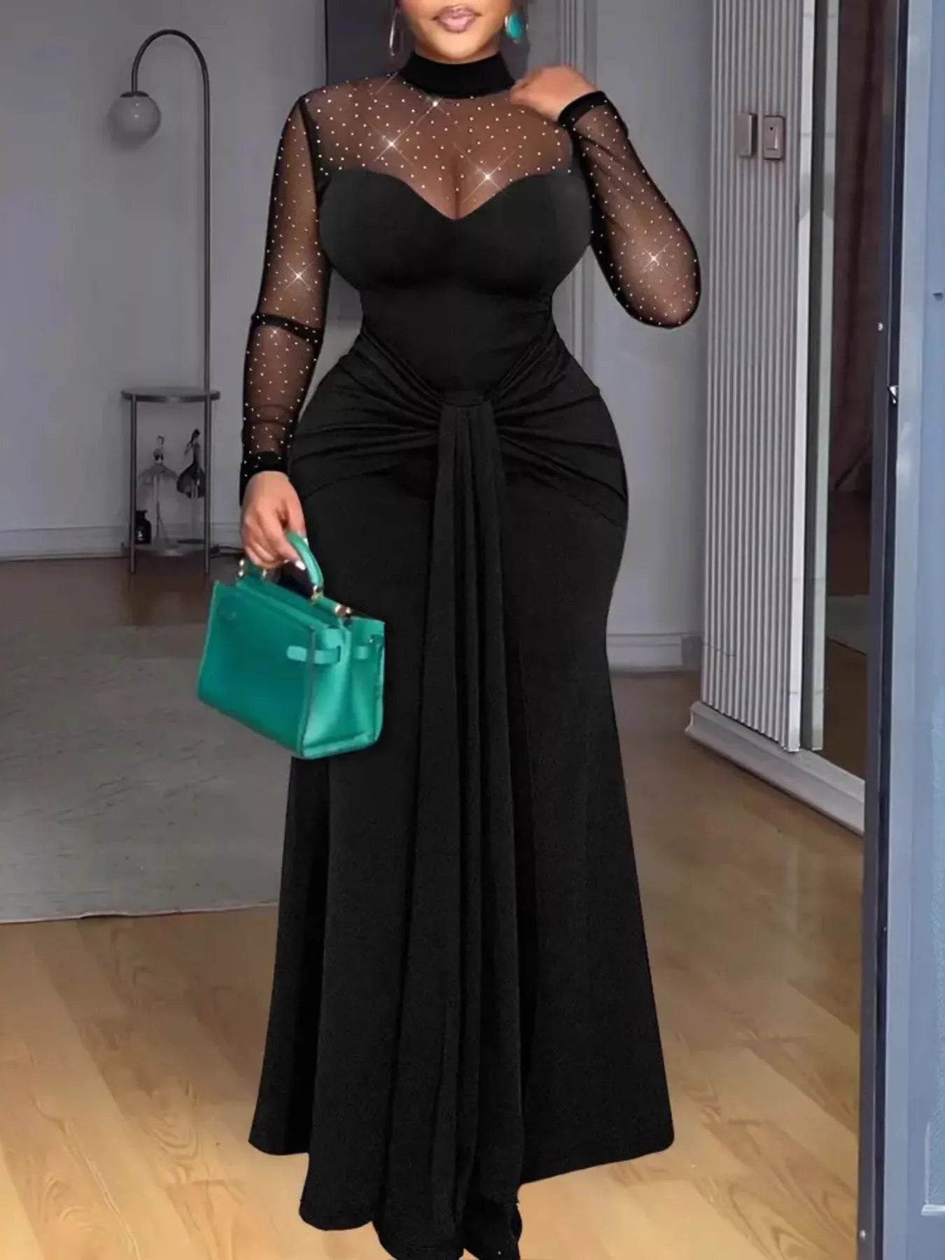 Mesh Mock Neck Long Sleeve Maxi Dress