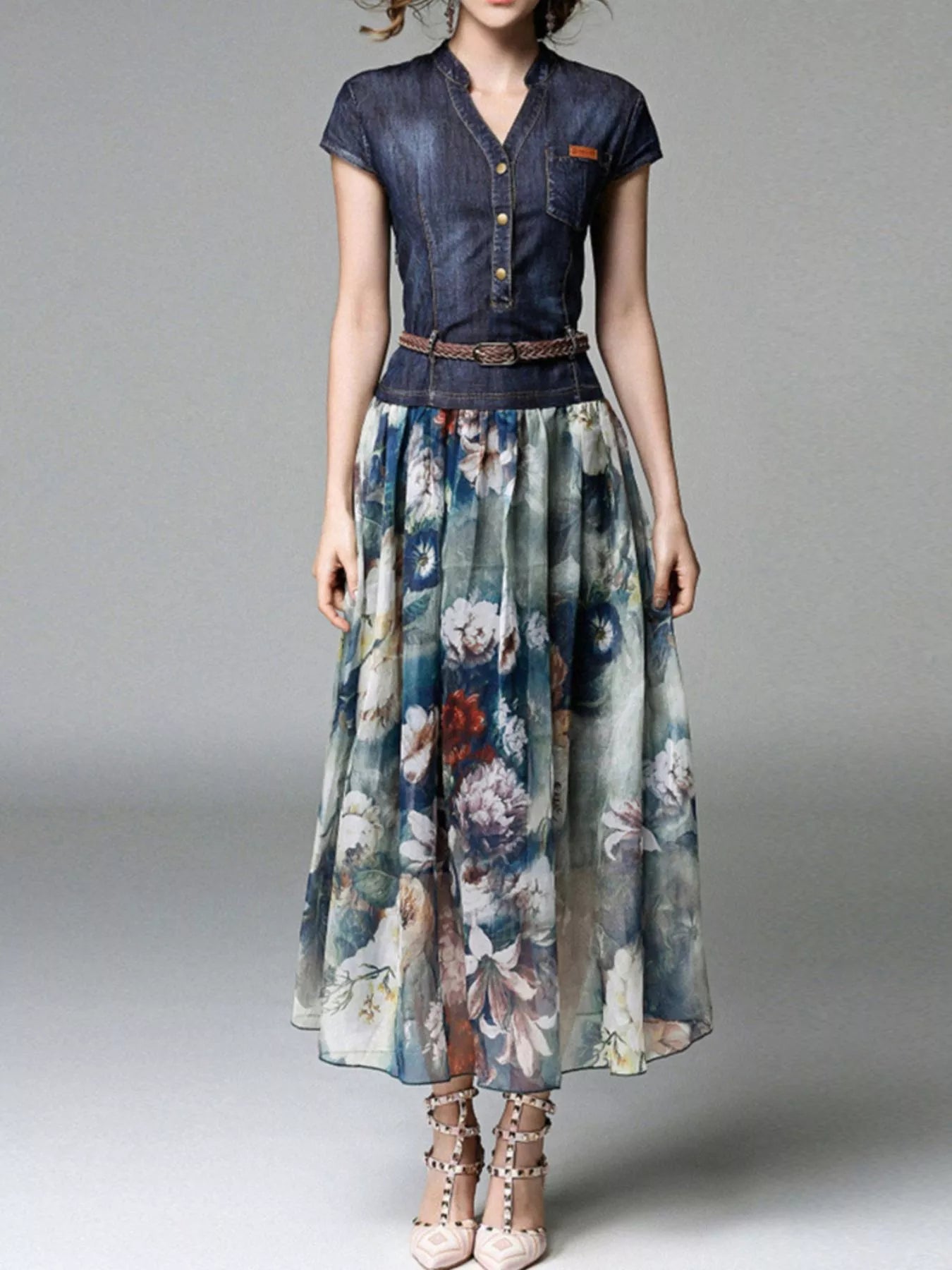 Full Size Patchwork Floral Print Chiffon Dress Plus Size