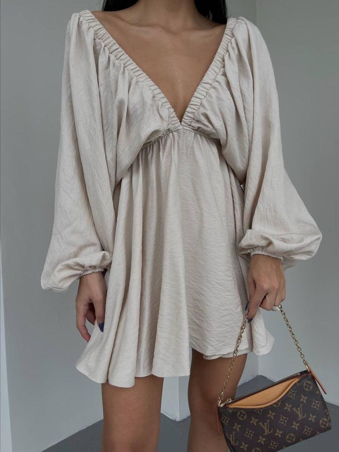 Deep V-Neck Balloon Sleeve Dress