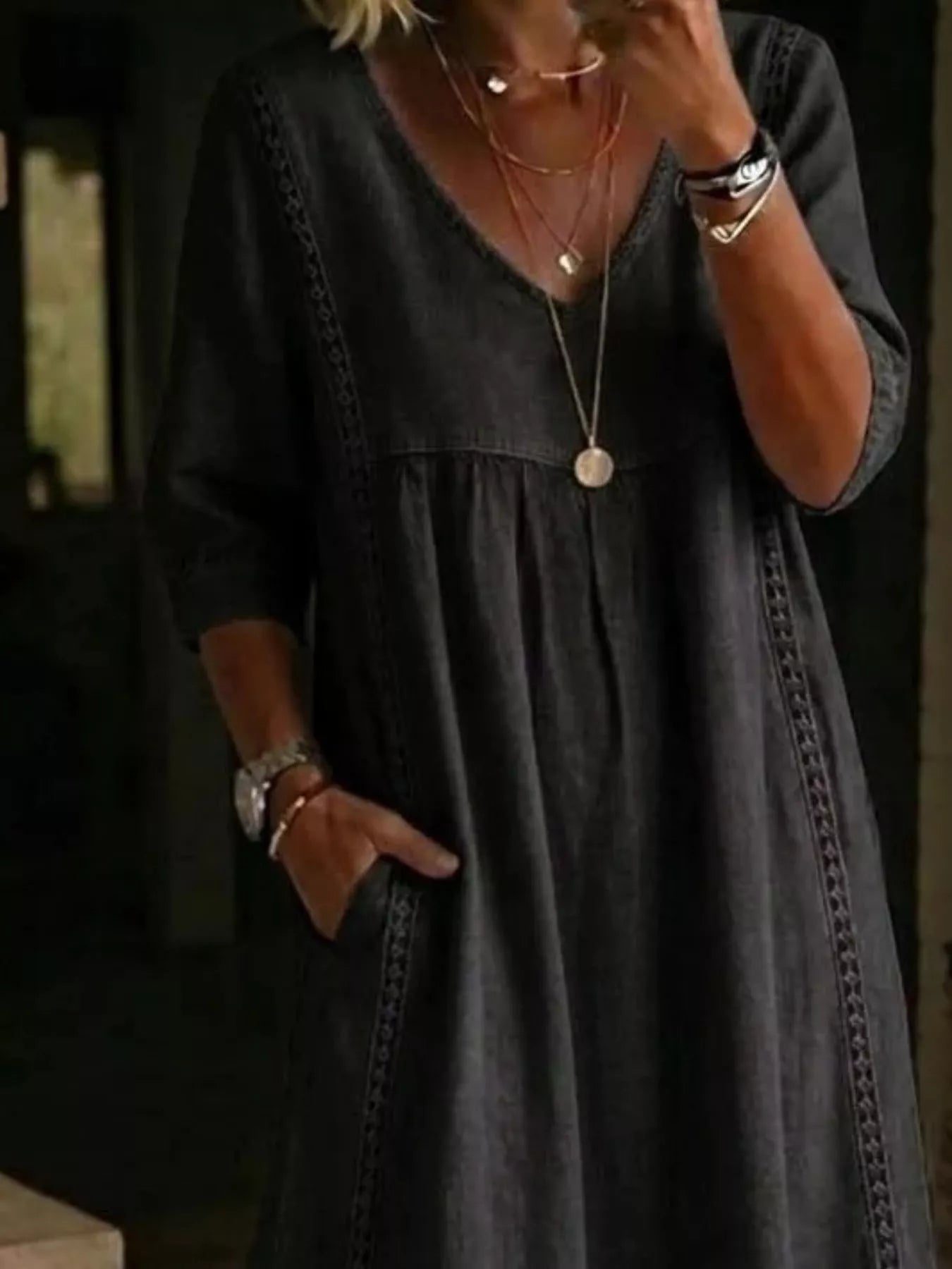 Full Size V-Neck 3/4 Sleeve Midi Dress Plus Size