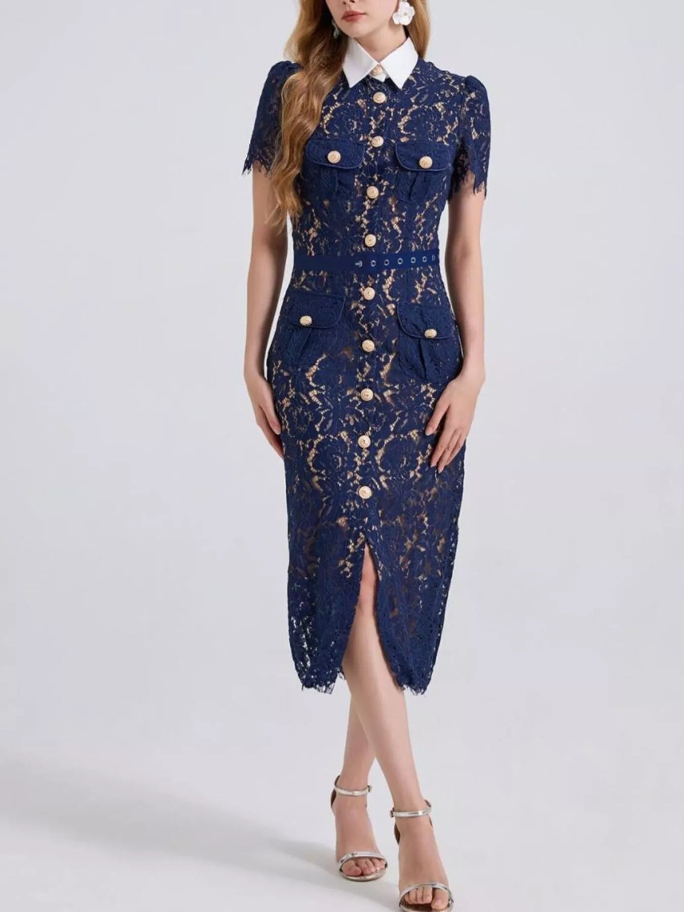 Lace Button-Down Midi Dress
