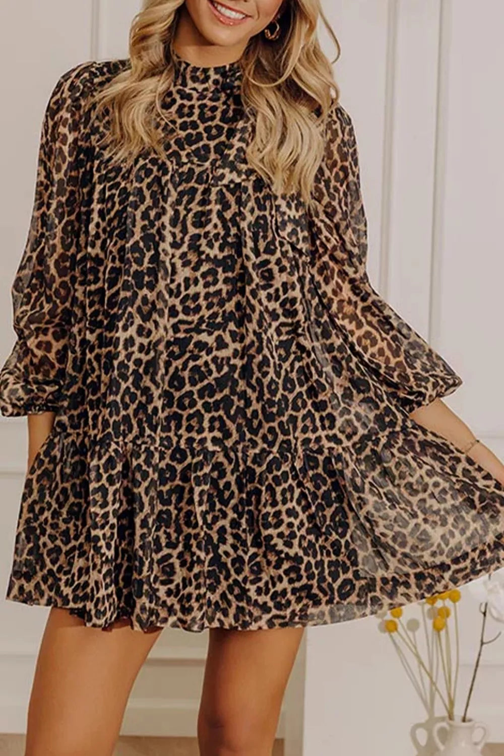 Leopard Print Long Sleeve Short Shift Dress