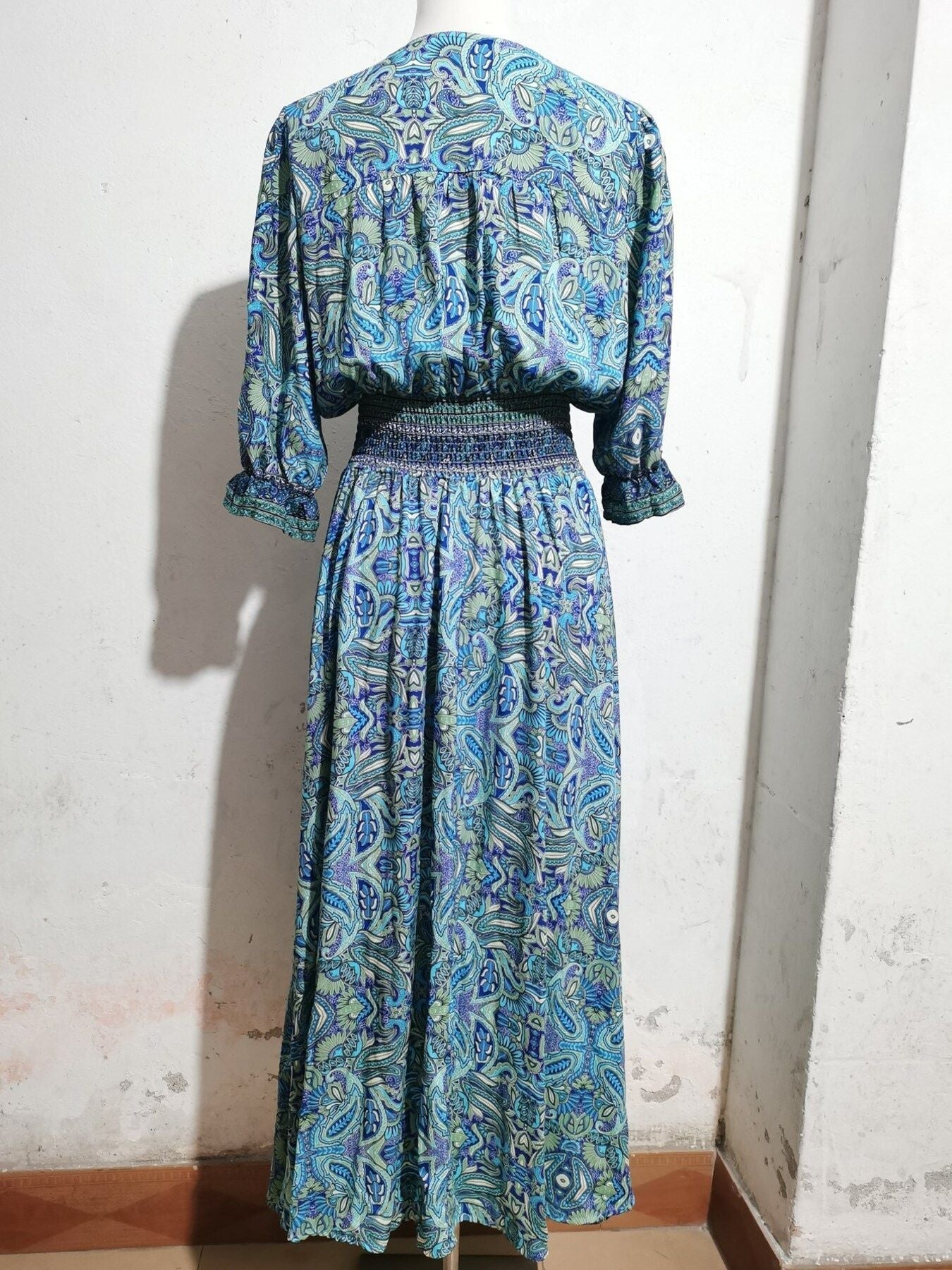 Paisley Print Half Sleeve Slit Midi Dress