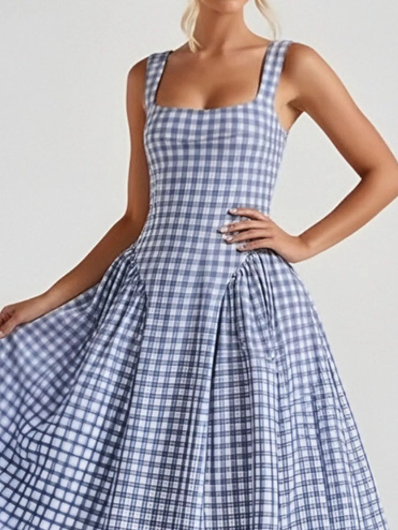Full Size Plaid Square Neckline Midi Dress Plus Size