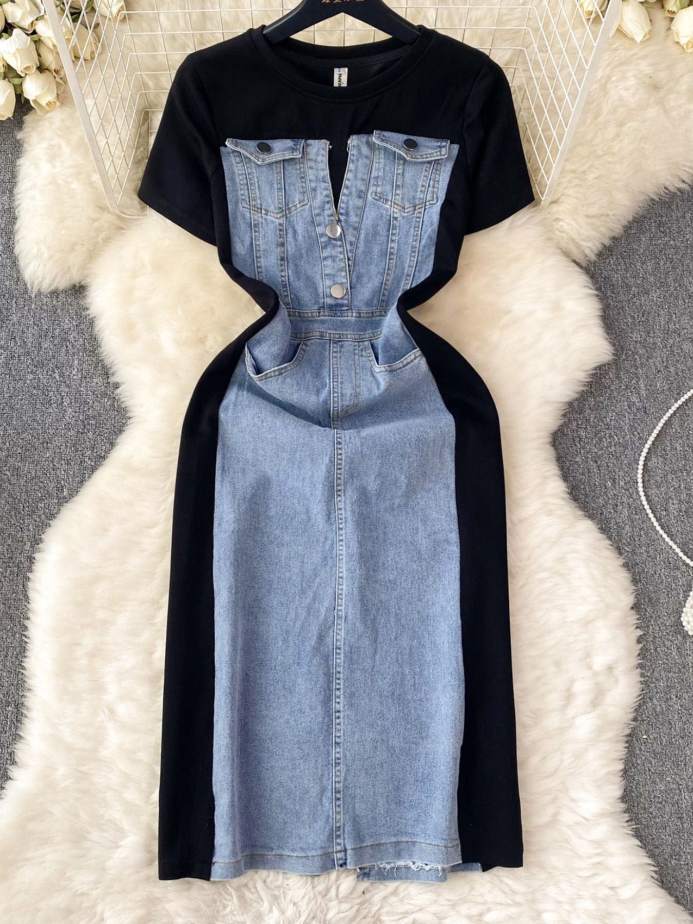 Full Size Denim Patchwork Short Sleeve Slit Back Dress Plus Size
