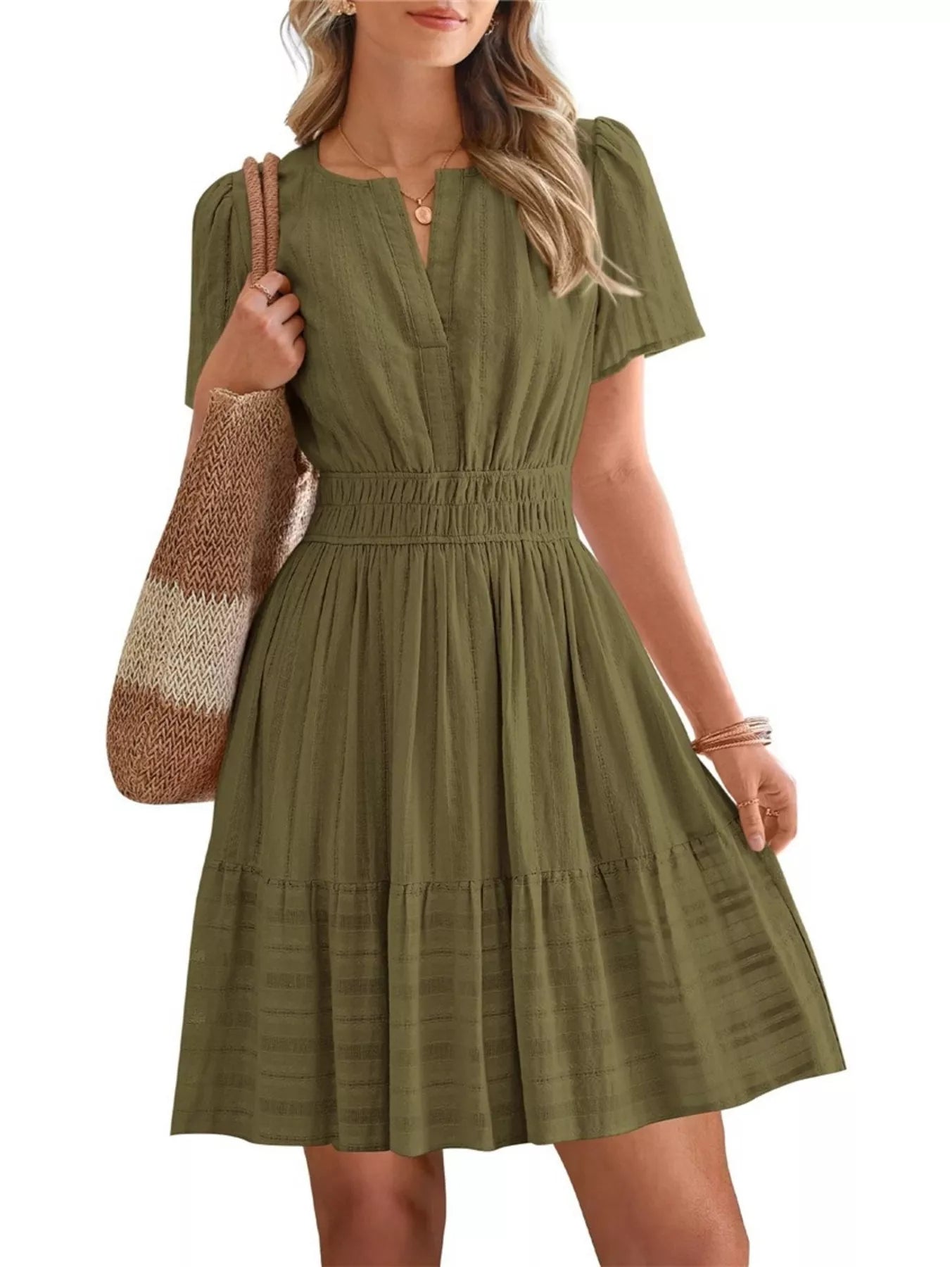 Short Sleeve Smocked Waist Tiered Dress