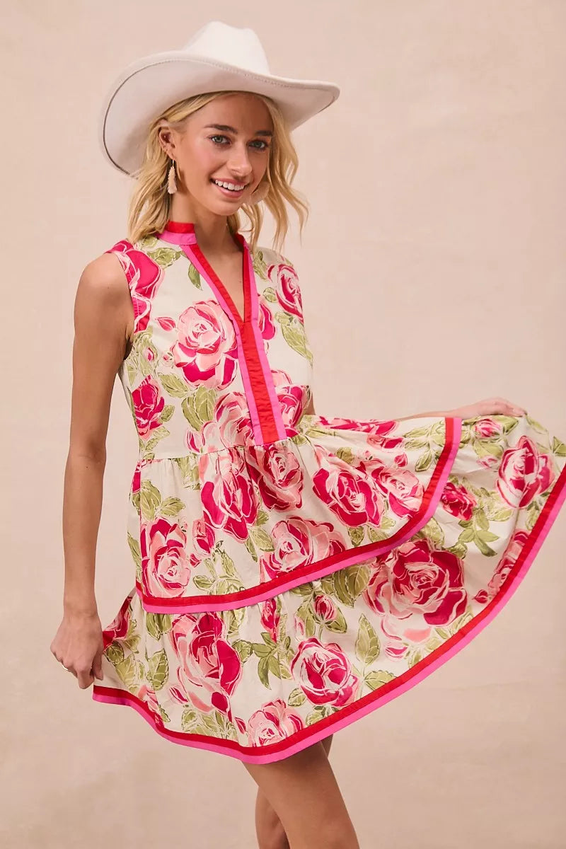 BiBi Floral Woven Contrast Edge Tiered Ruffle Mini Dress