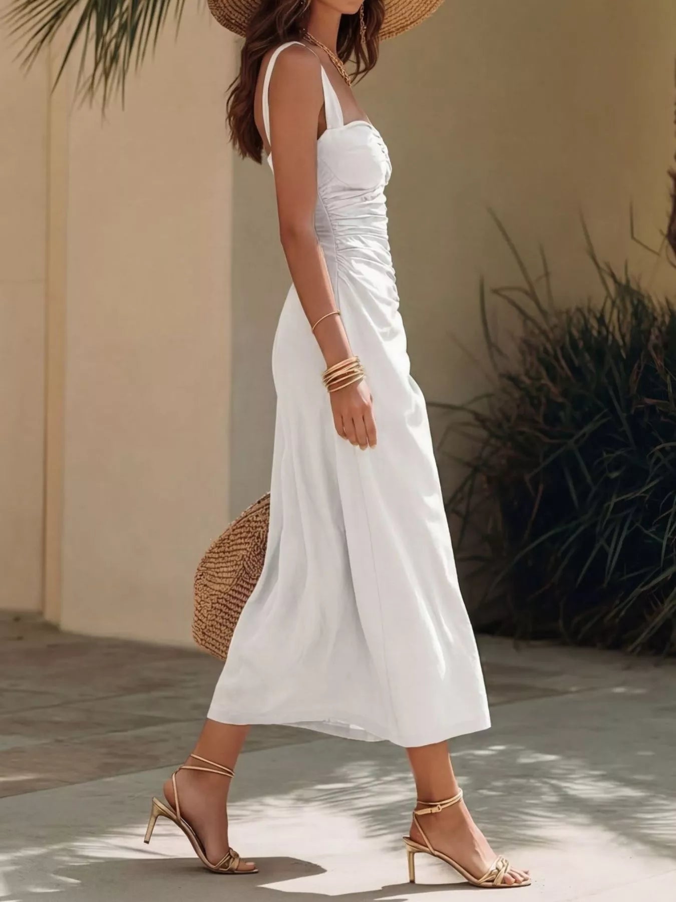 Ruched Sweetheart Neck Midi Dress
