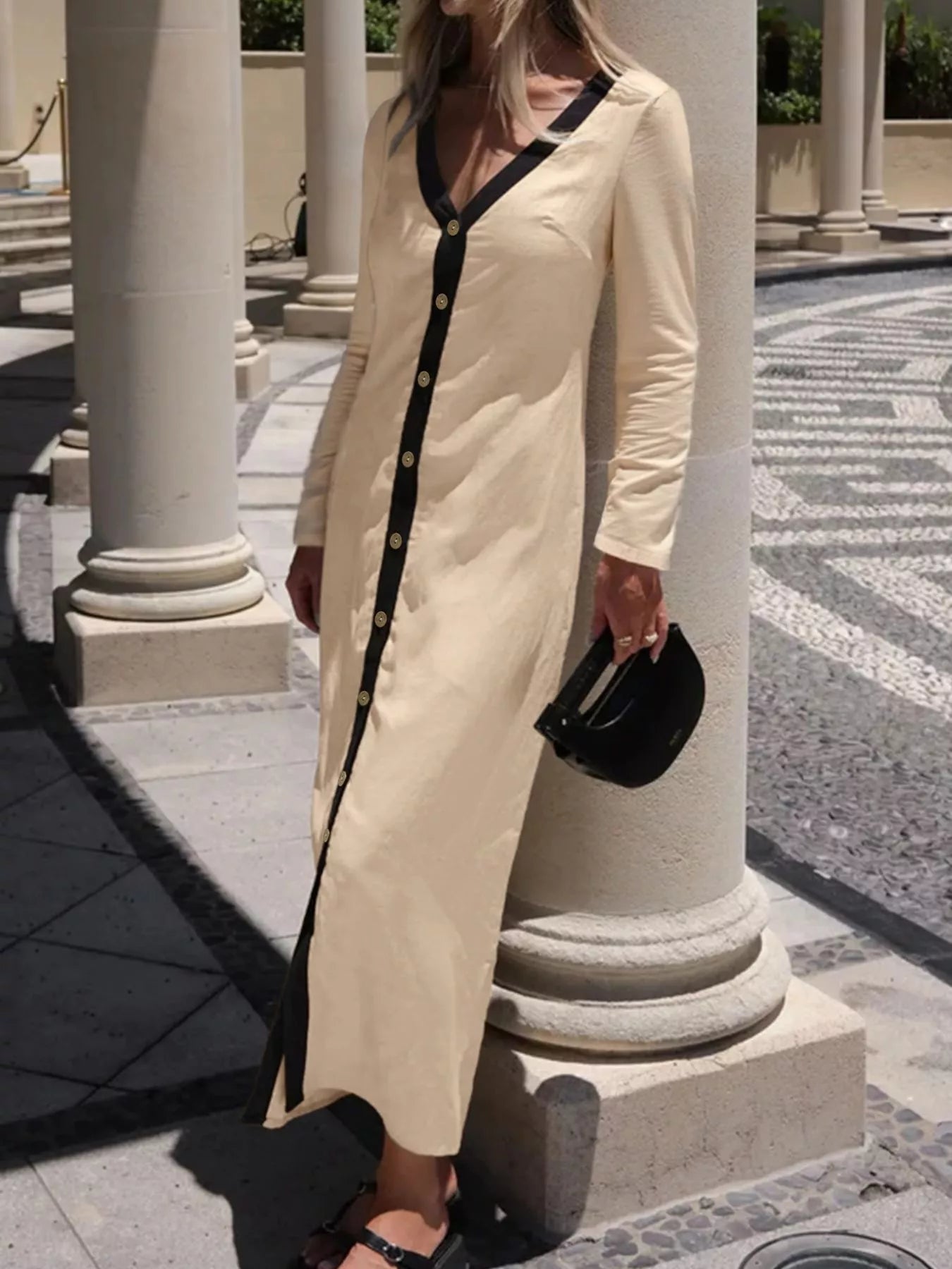 Contrast Trim Button-Down Midi Dress