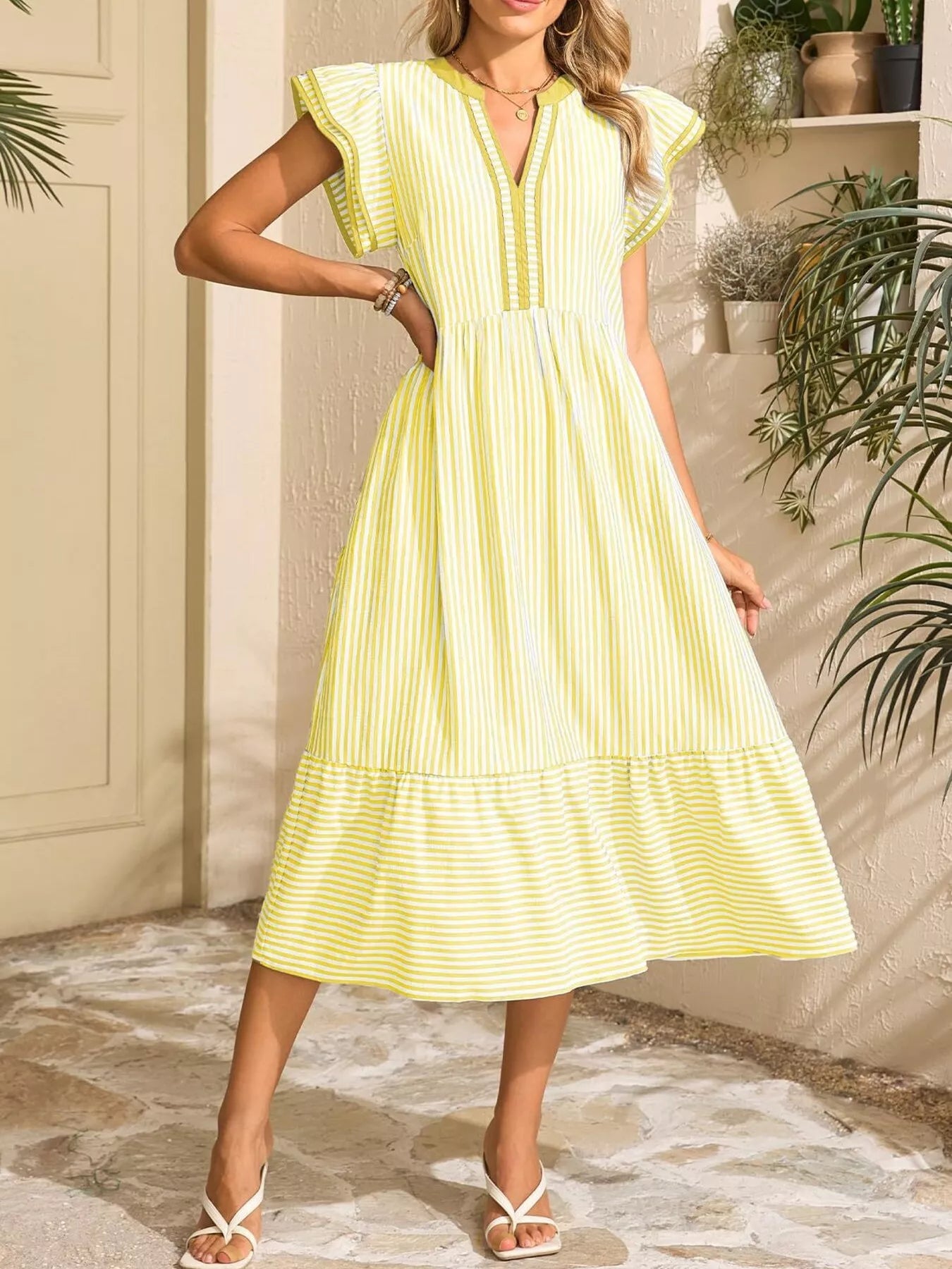 Striped Notched Ruffle Sleeve Dress