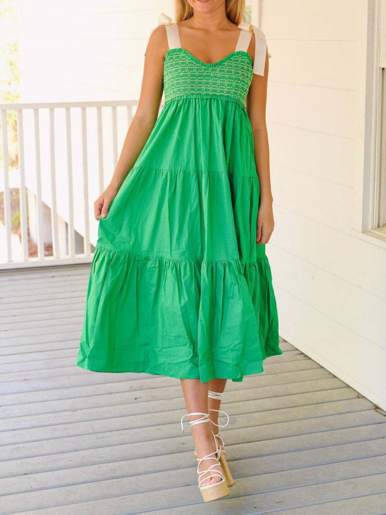 Tie Shoulder Tiered Midi Dress