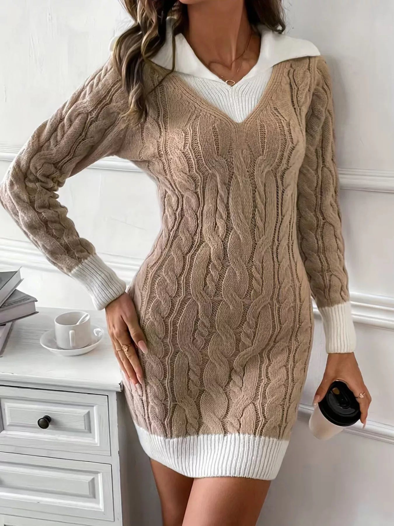 Cable Knit Contrast Trim Sweater Dress