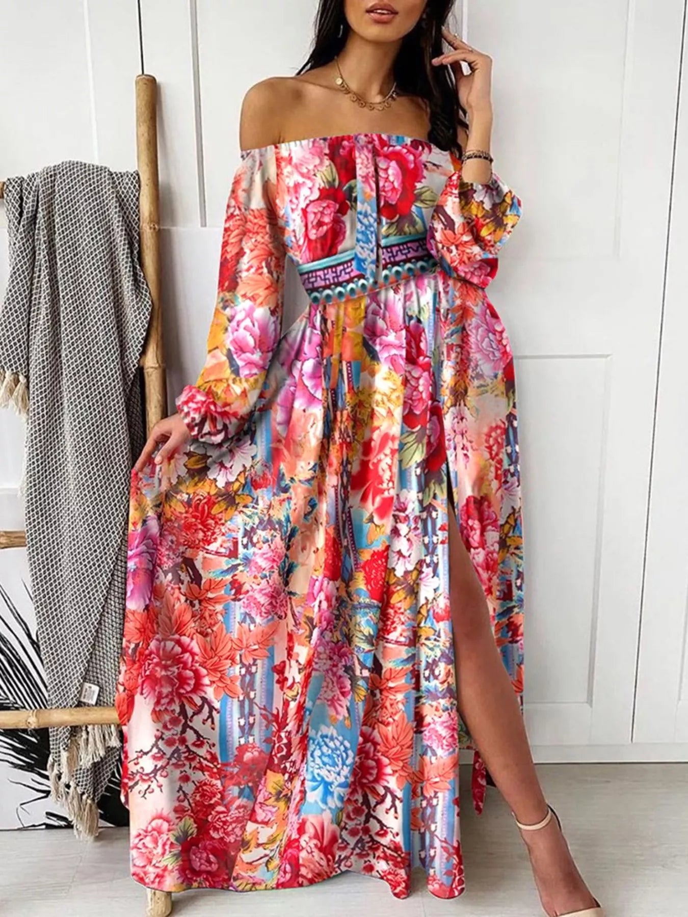 Slit Printed Off Shoulder Maxi Dress