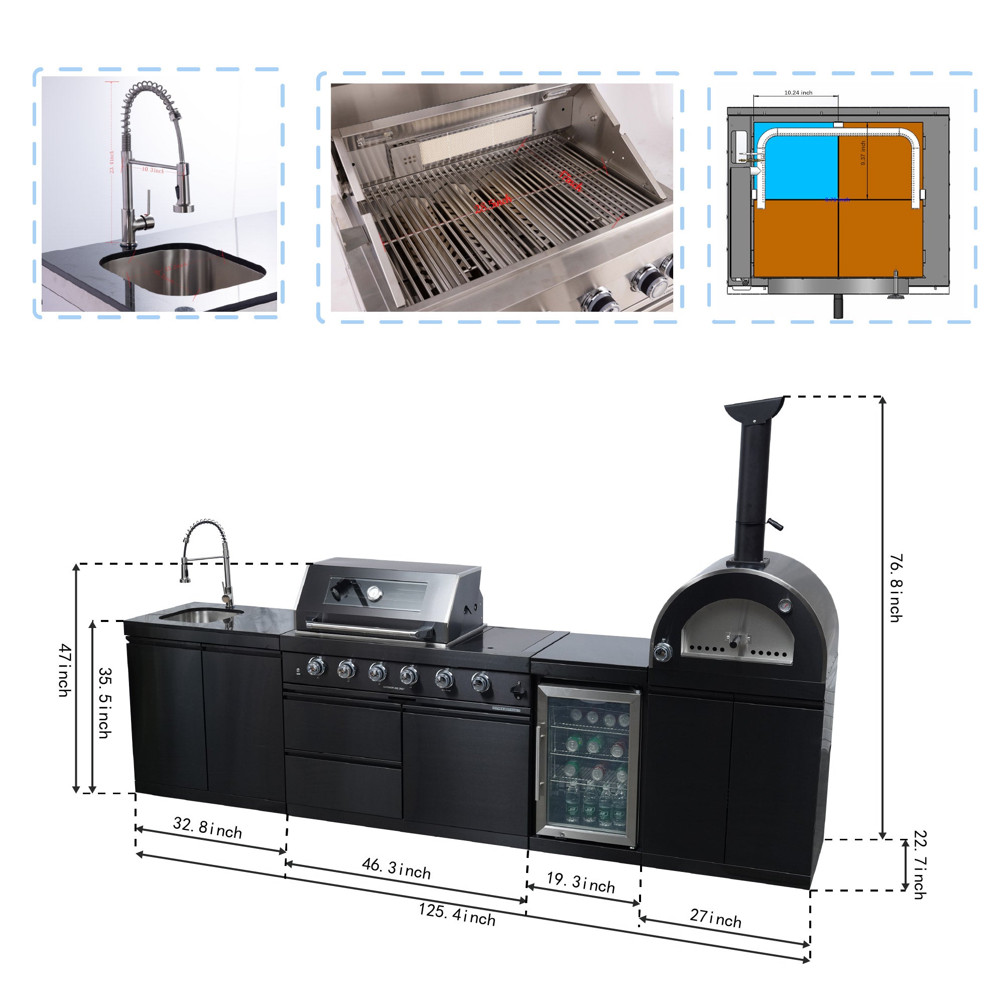 Black 125-Inch Double Stainless Steel Gas Outdoor Kitchen Grill