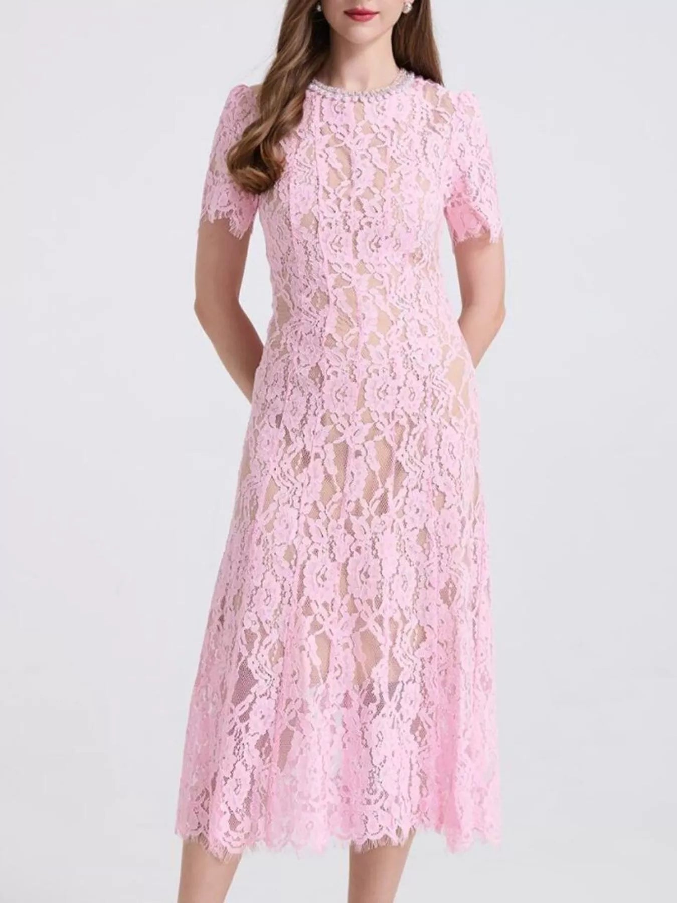 Lace Pearl Neckline Midi Dress