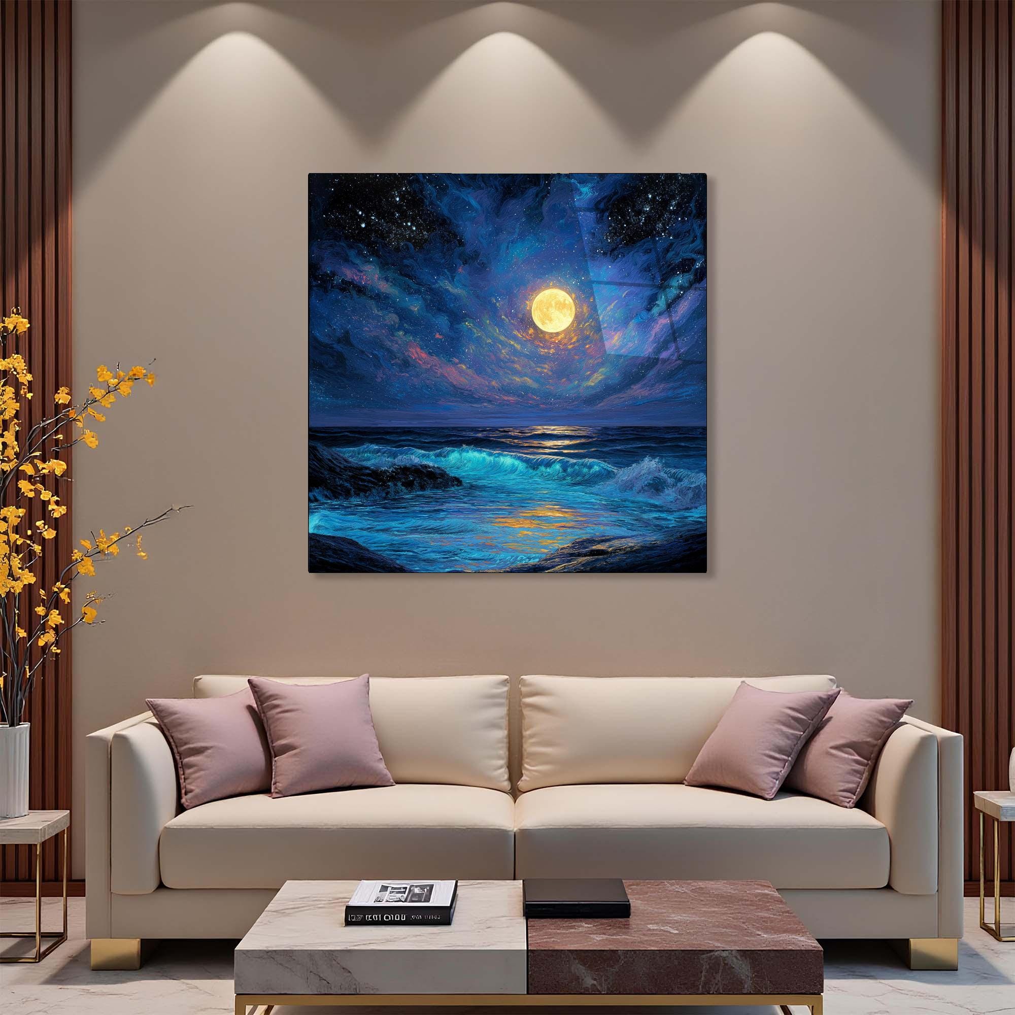 Moonlit Ocean Tempered Glass Wall Art | Coastal Living Room Decor