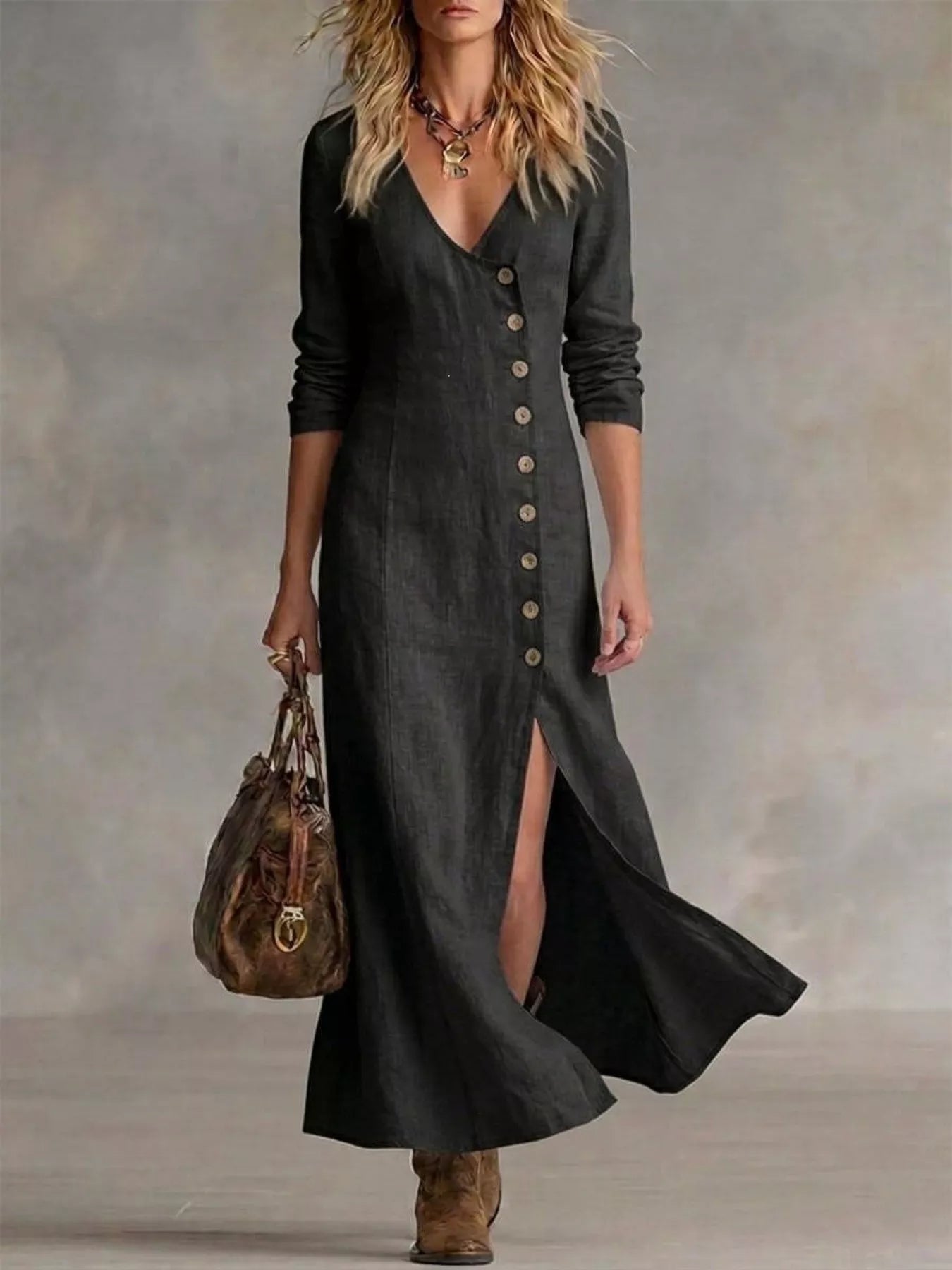 Full Size Button Front Slit Maxi Dress Plus Size