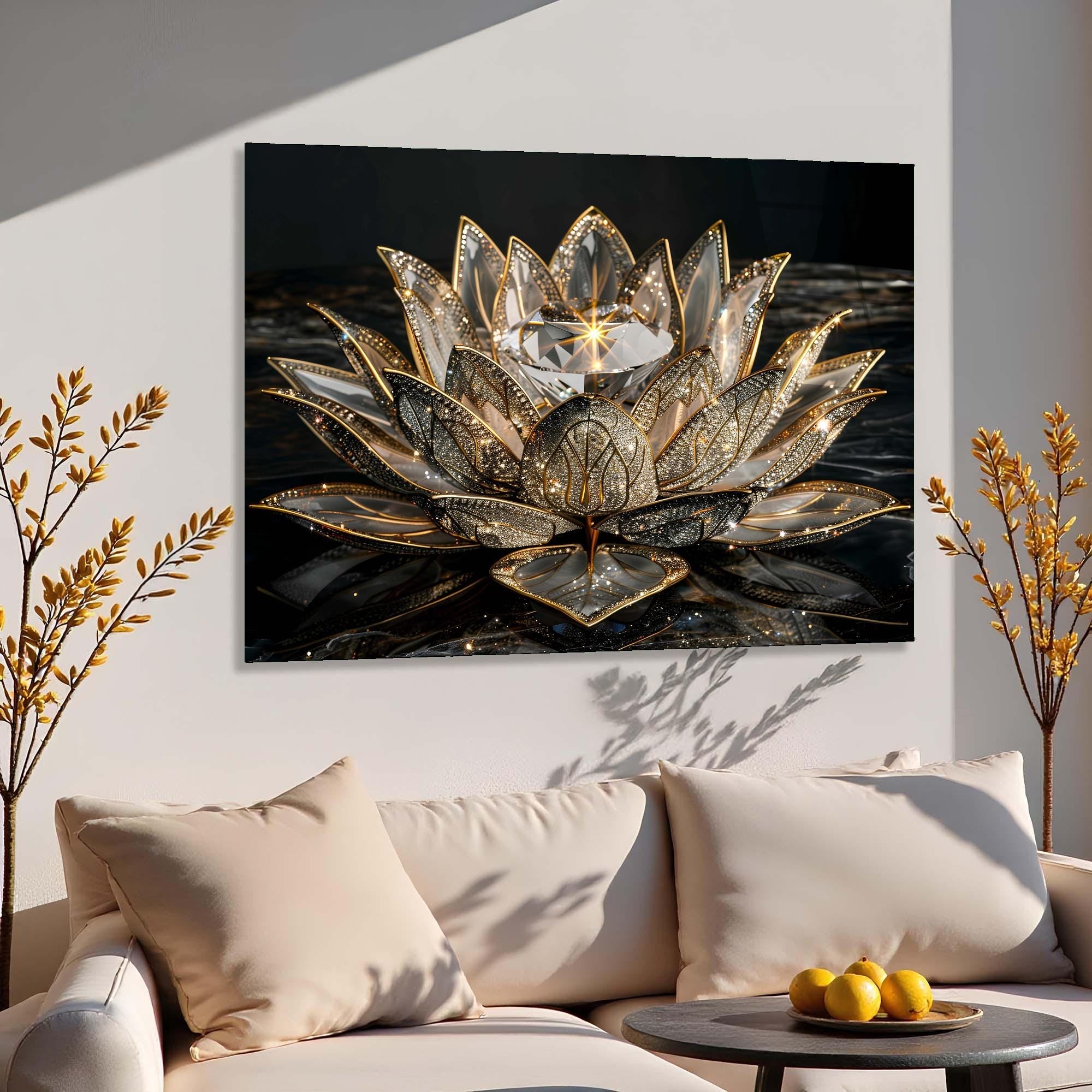 Golden Lotus Tempered Glass Wall Art | Serenity Home Decor