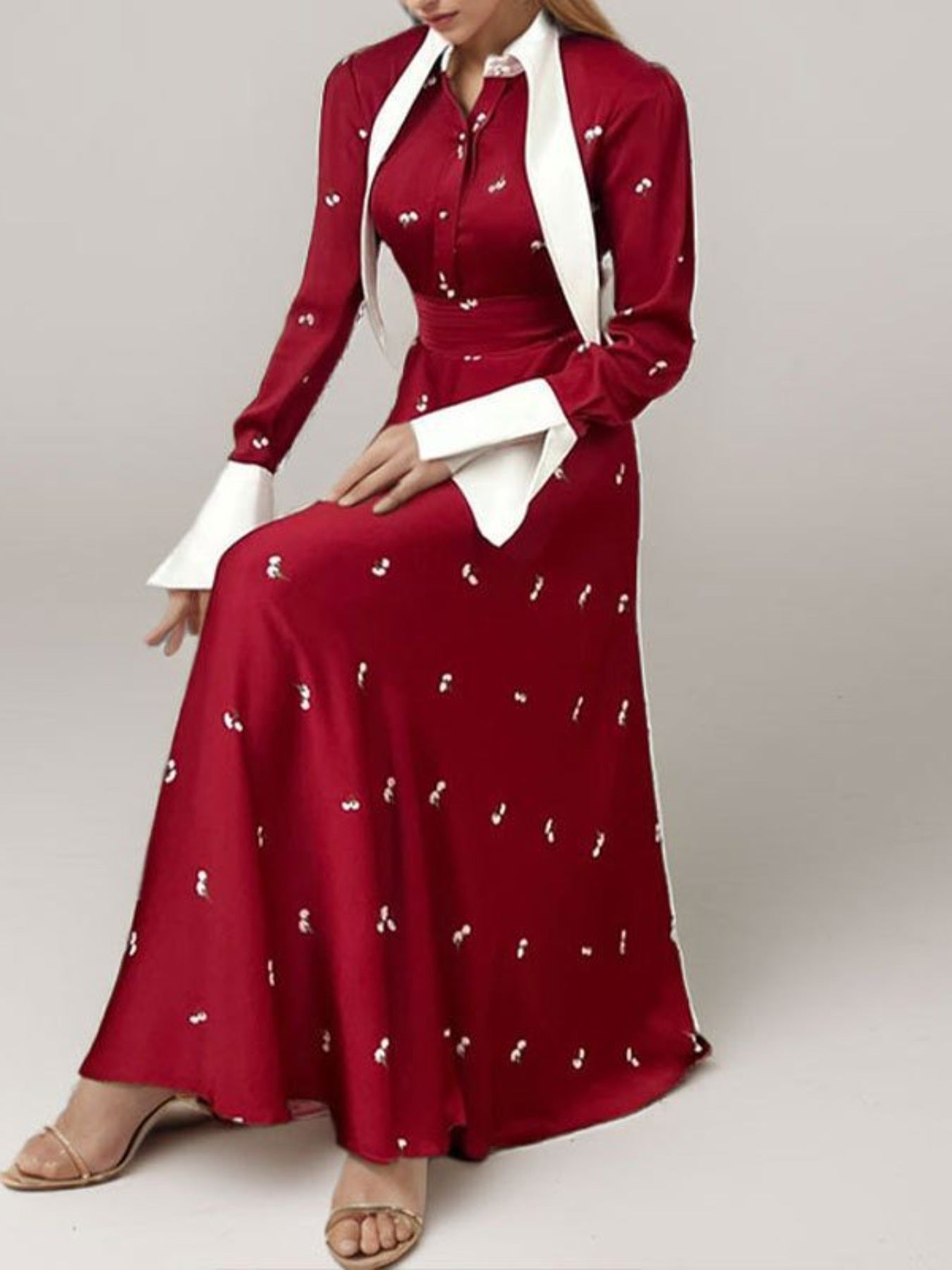 Full Size Contrast Collar Long Sleeve Midi Dress Plus Size