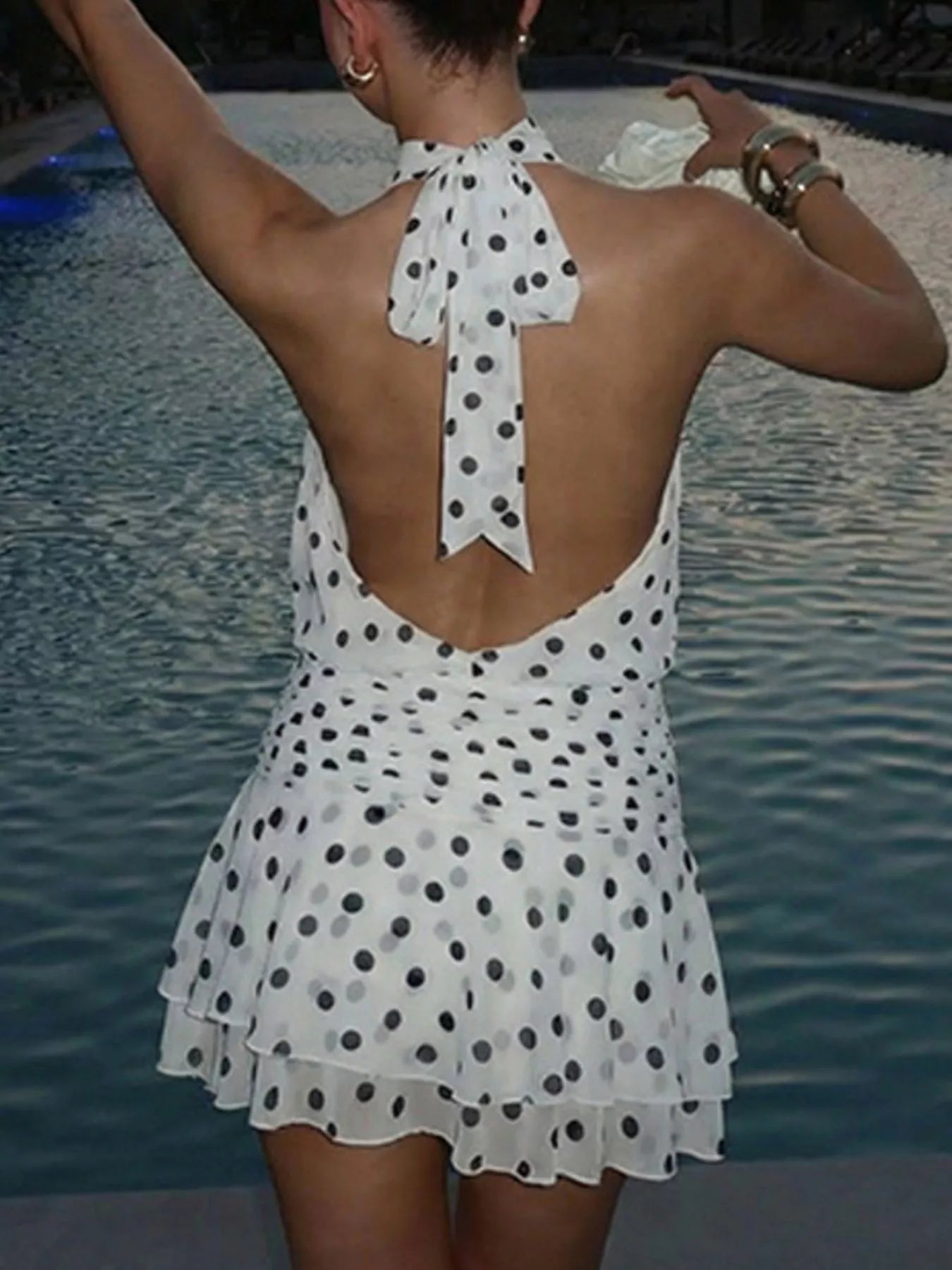 Polka Dot Halter Neck Ruffle Dress