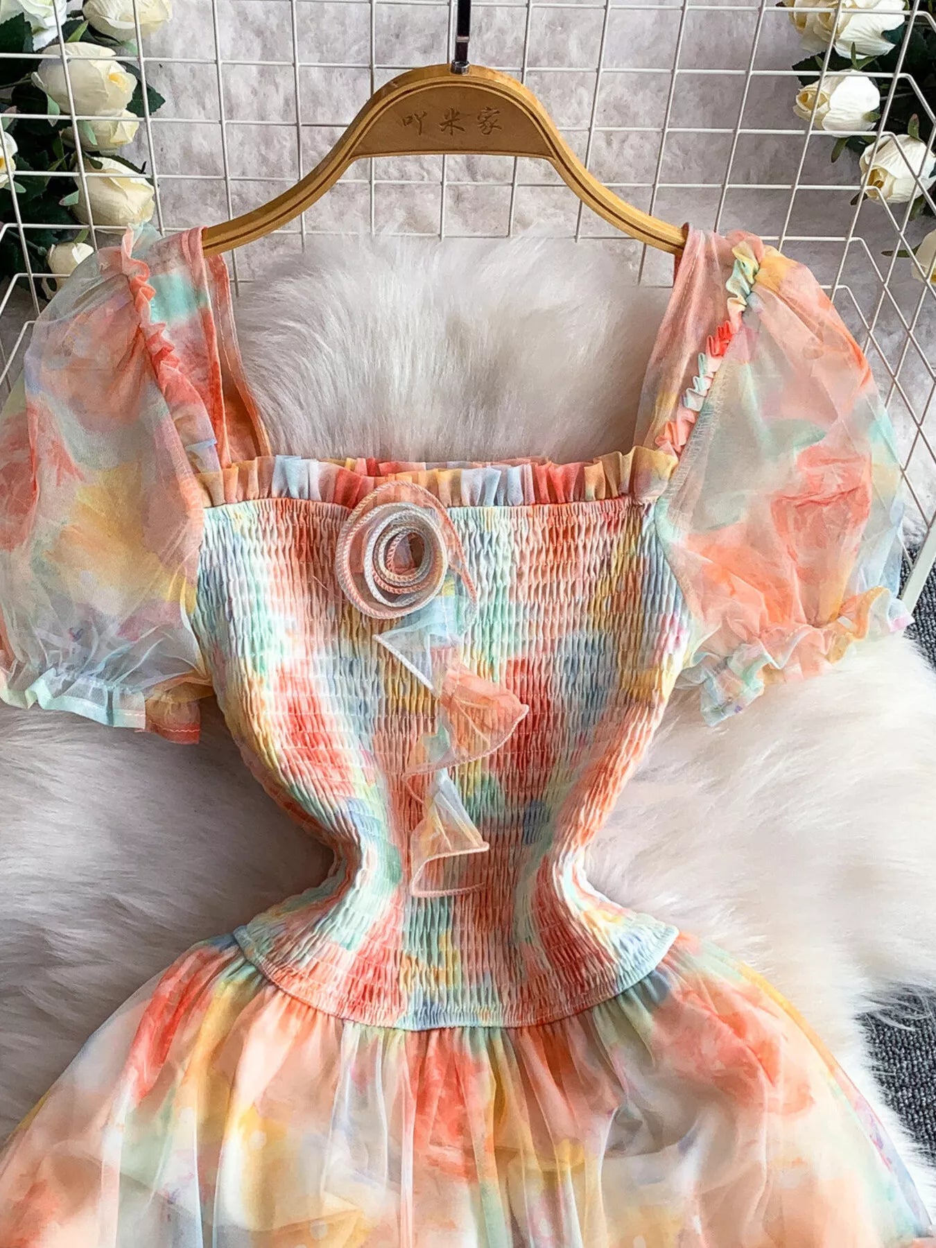 Smocked Floral Tiered Mesh Midi Dress